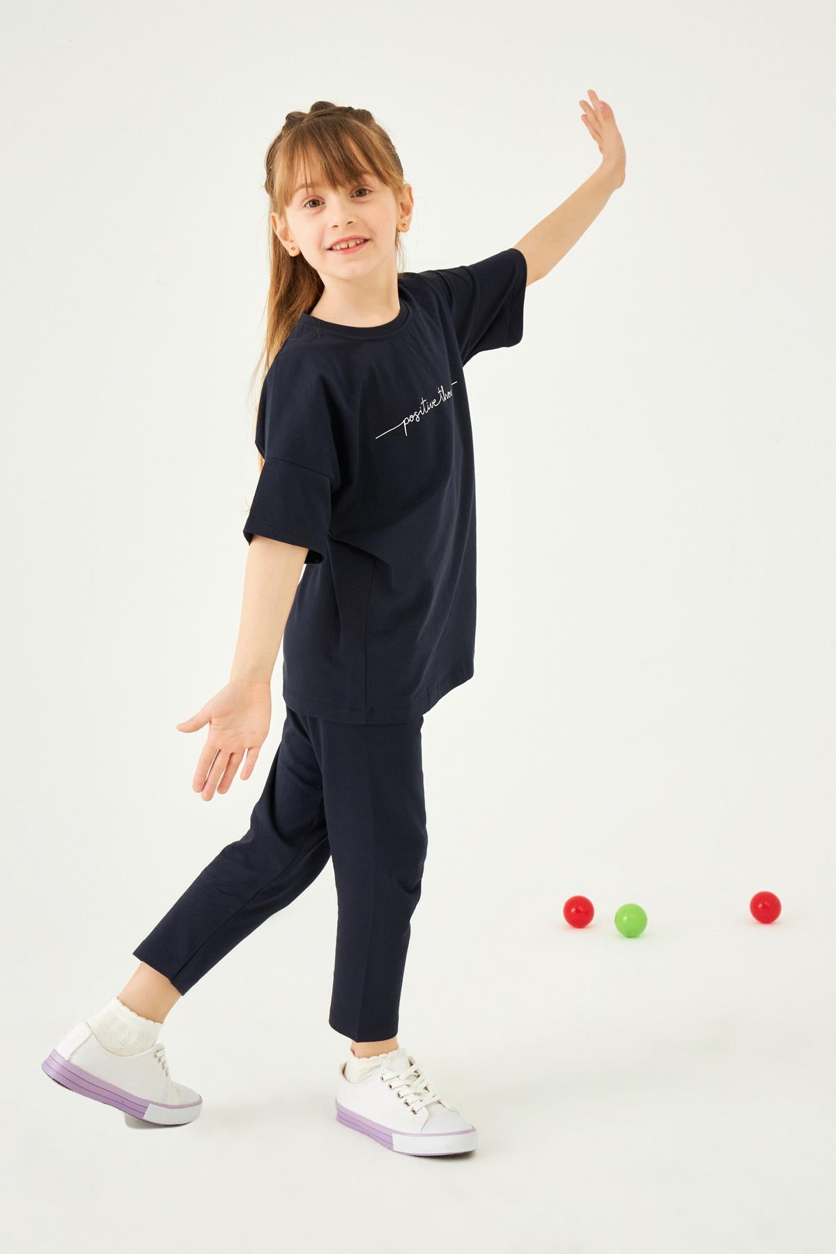 Positive Baskılı Basic Kız Çocuk Taytlı Takım Lacivert - Perendi