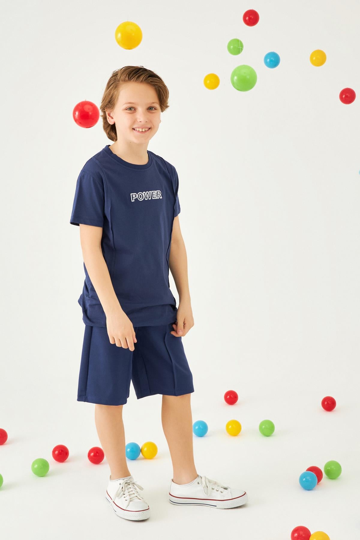 Power Nakışlı Erkek Çocuk Şortlu Takım Indigo - Perendi