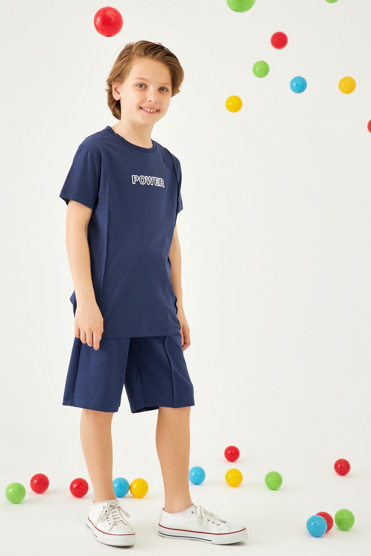 Power Nakışlı Erkek Çocuk Şortlu Takım Indigo - Perendi