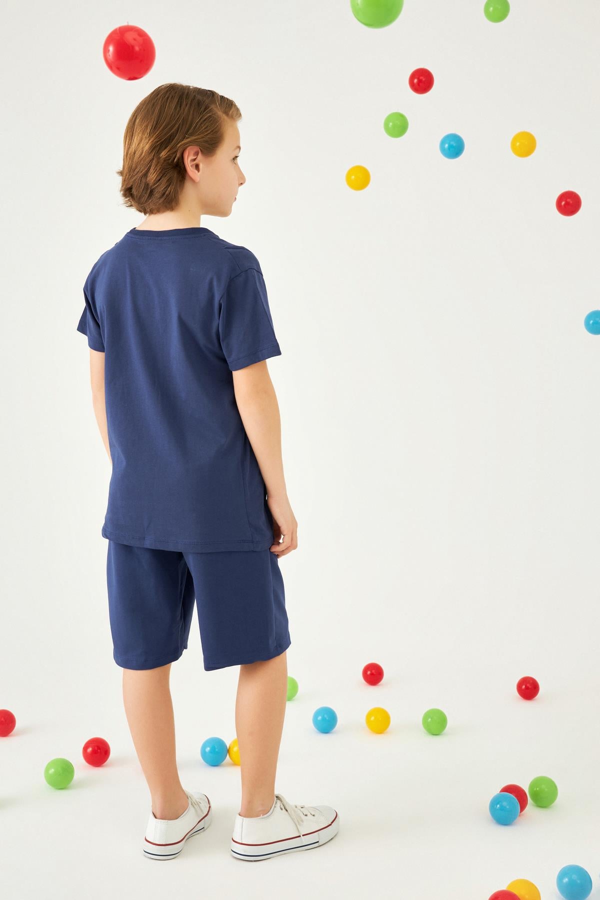 Power Nakışlı Erkek Çocuk Şortlu Takım Indigo - Perendi