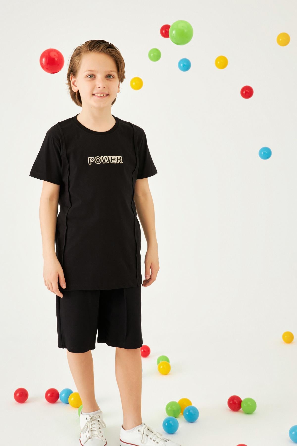 Power Nakışlı Erkek Çocuk Şortlu Takım Siyah - Perendi
