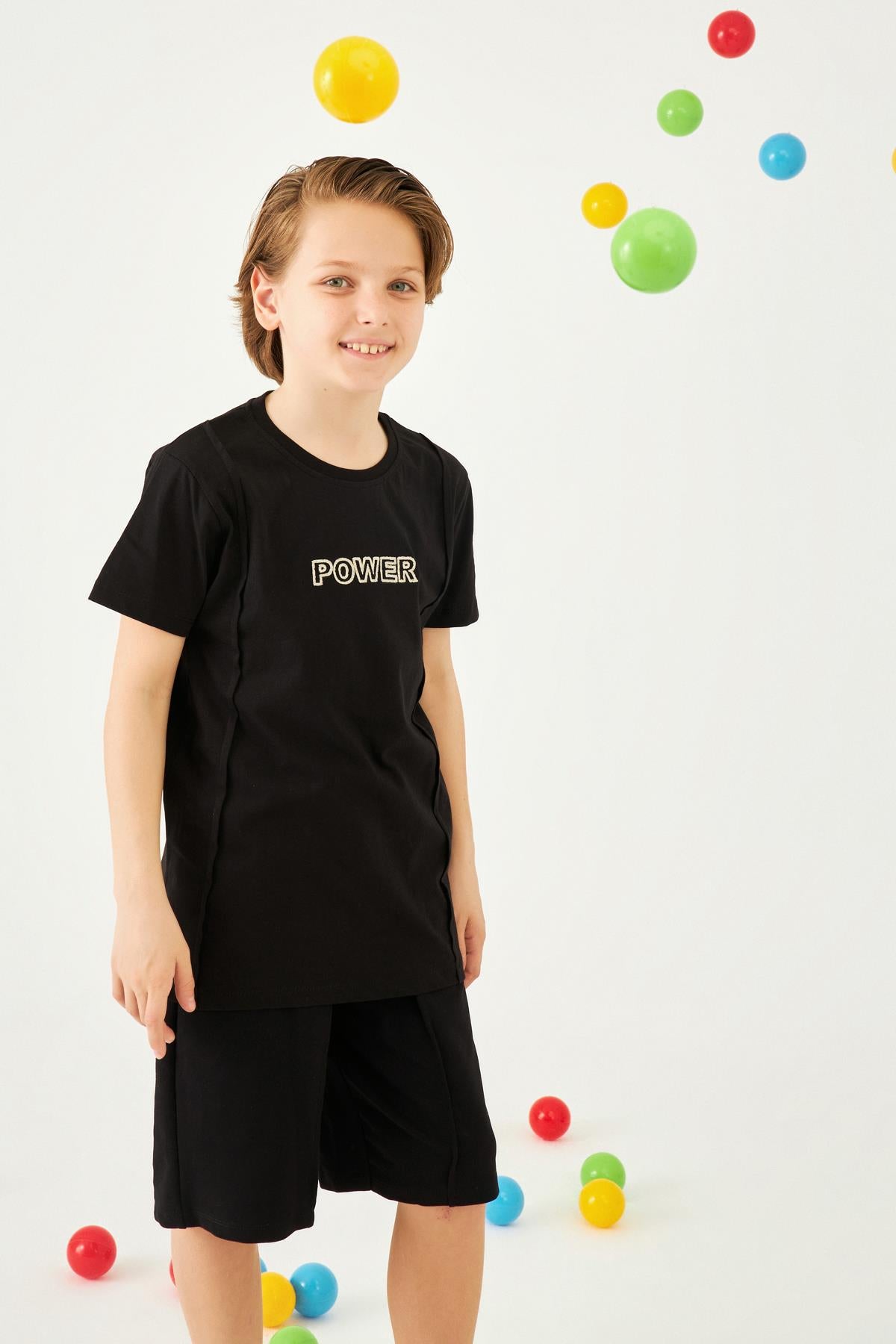Power Nakışlı Erkek Çocuk Şortlu Takım Siyah - Perendi