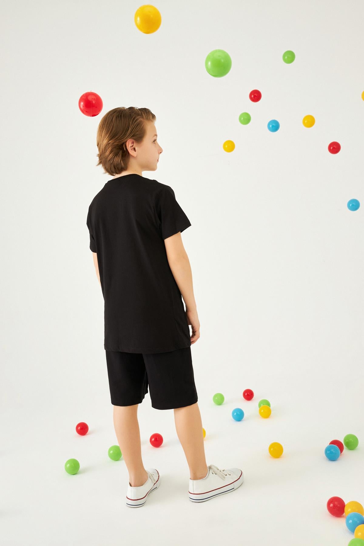 Power Nakışlı Erkek Çocuk Şortlu Takım Siyah - Perendi