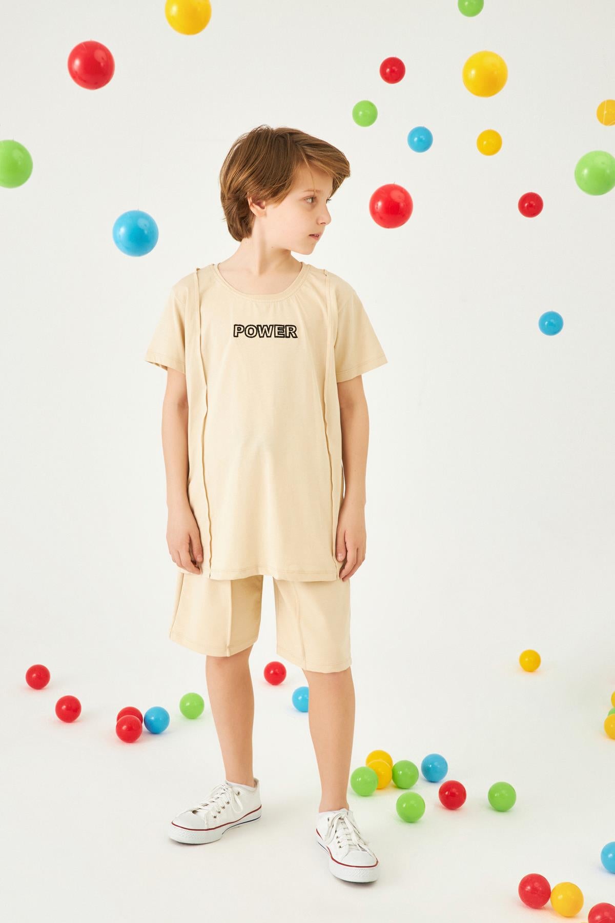 Power Nakışlı Erkek Çocuk Şortlu Takım Taş - Perendi