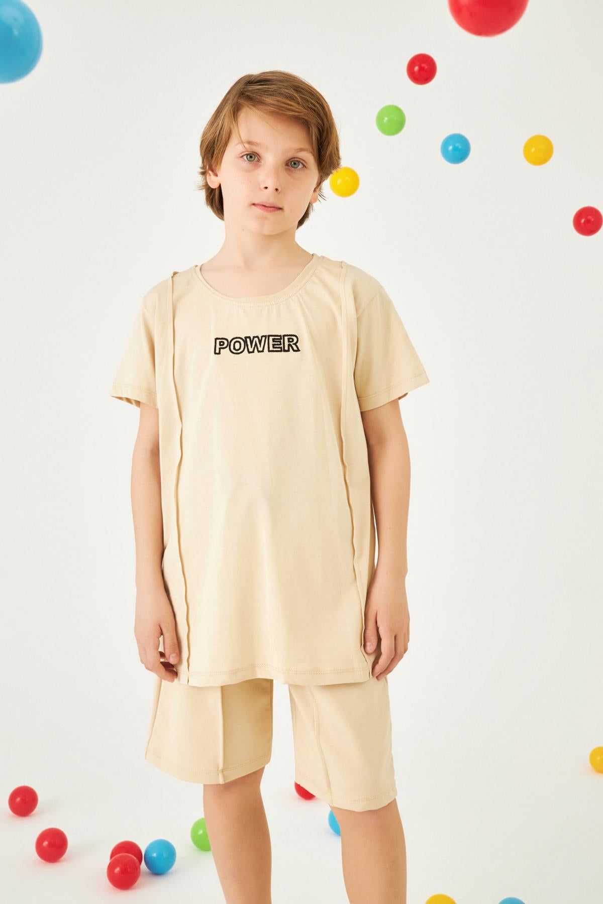 Power Nakışlı Erkek Çocuk Şortlu Takım Taş - Perendi