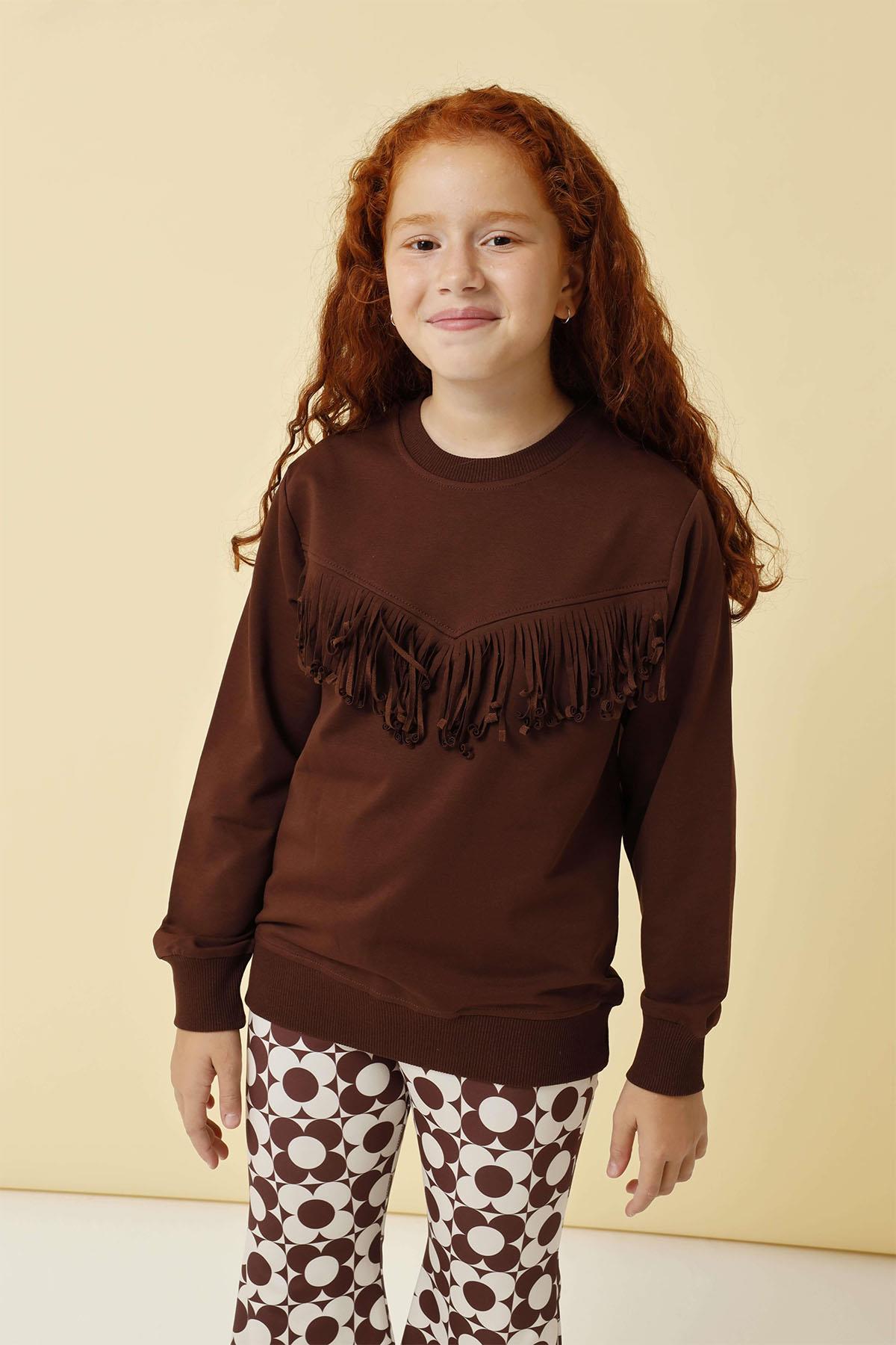Püskül Detaylı Taytlı Kız Çocuk Takım Kahverengi - Perendi