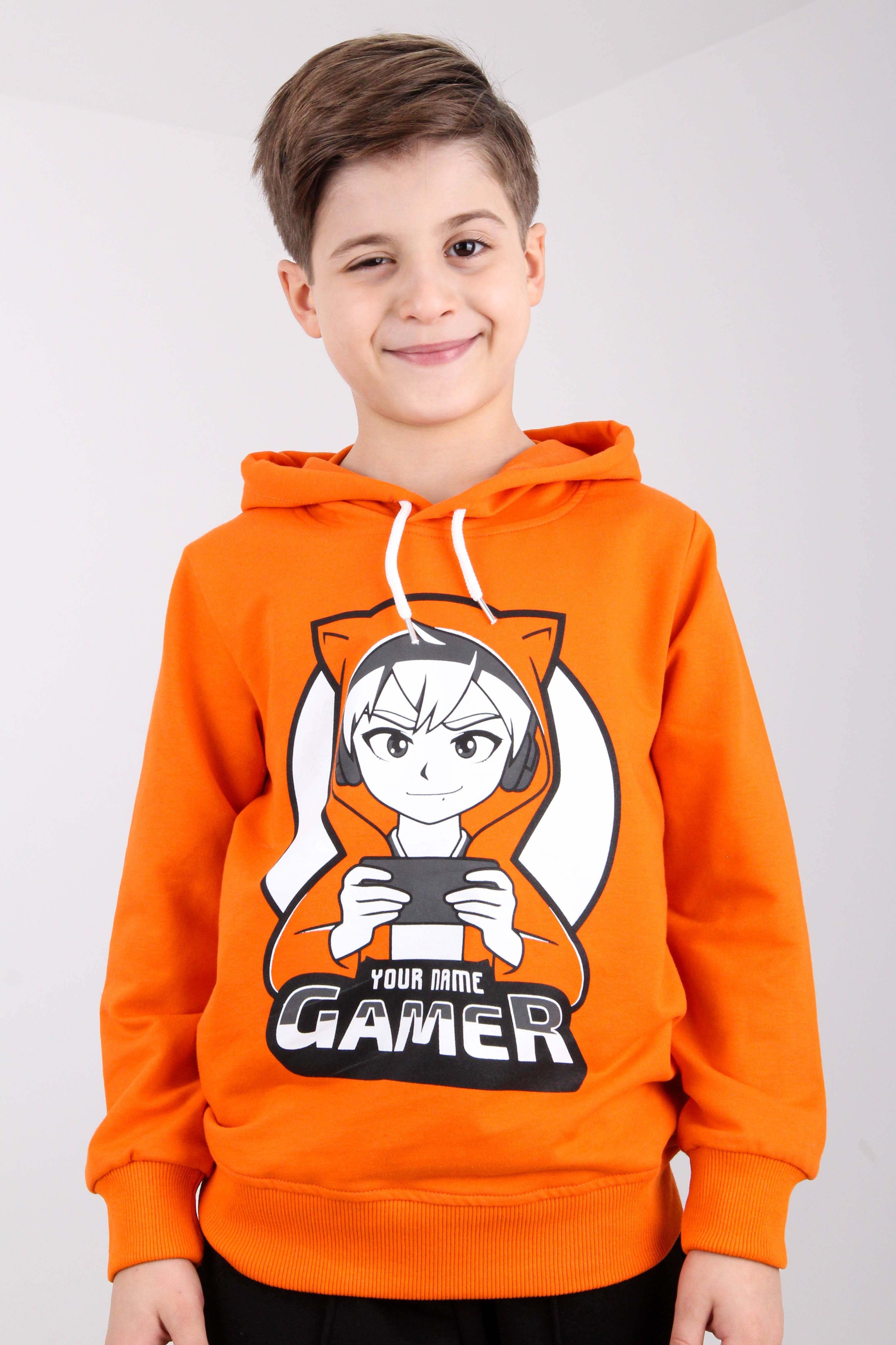 Rahat Kesim Kapüşonlu Gamer Baskılı Sweatshirt Turuncu - Perendi