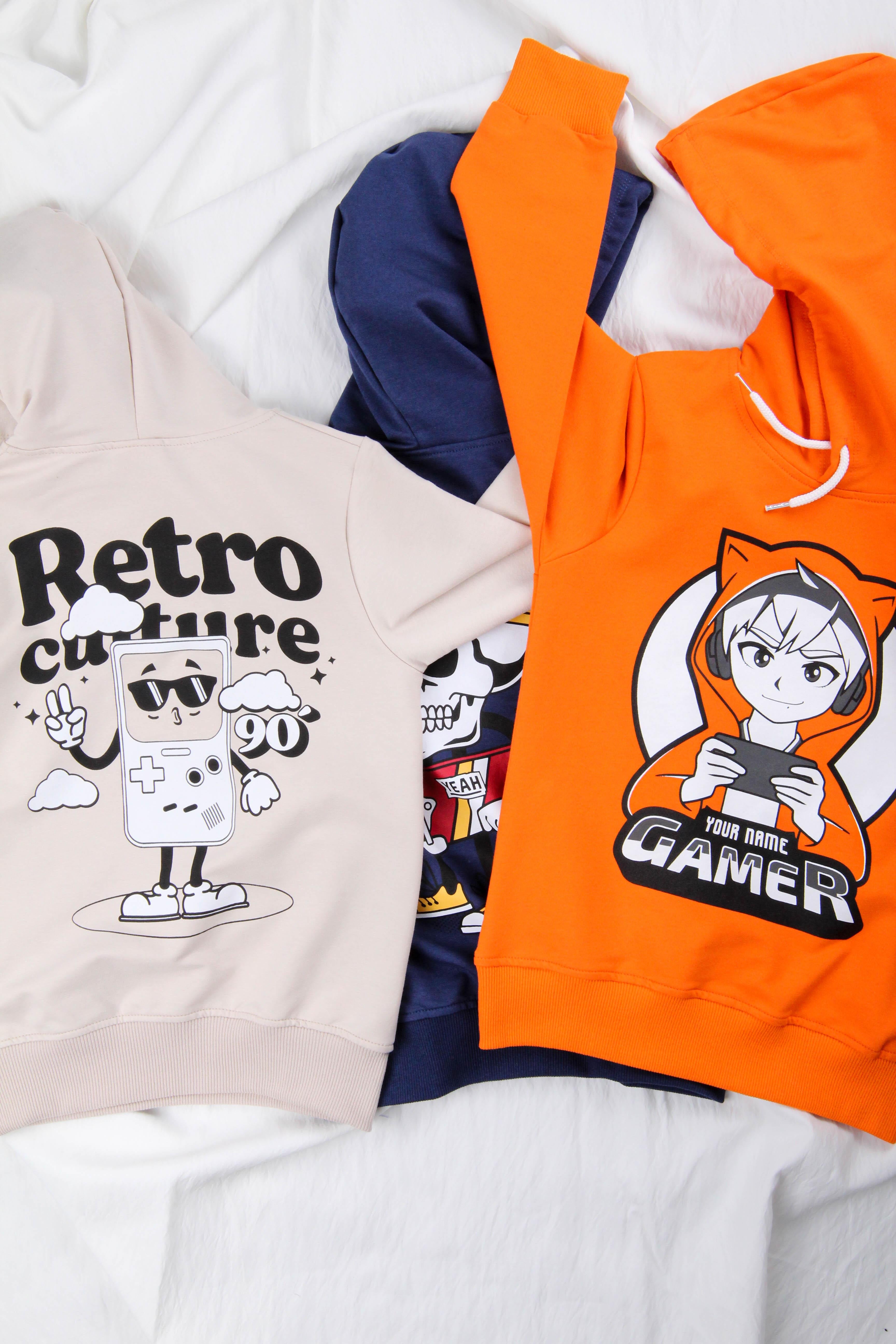 Rahat Kesim Kapüşonlu Gamer Baskılı Sweatshirt Turuncu - Perendi