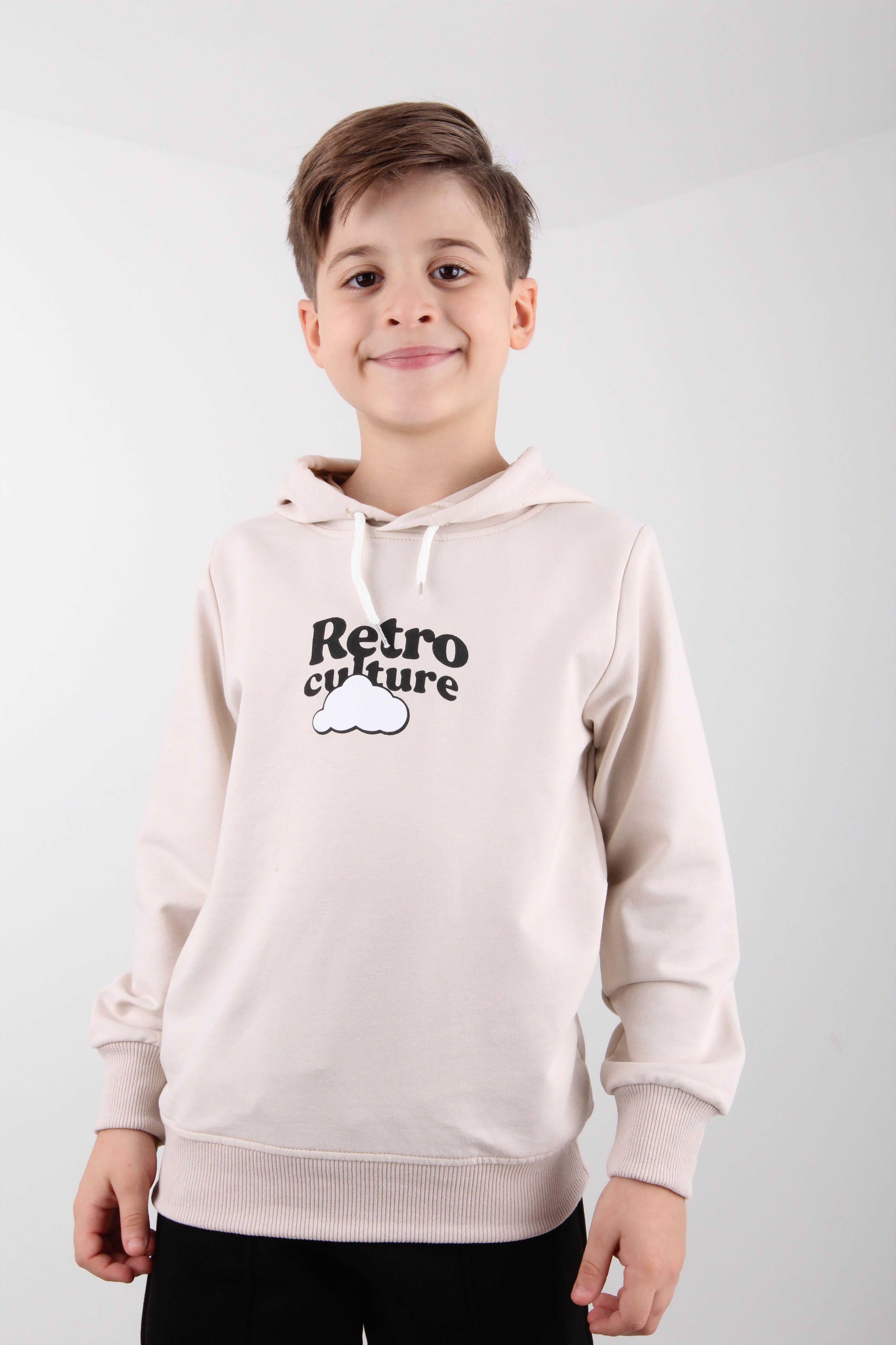 Rahat Kesim Kapüşonlu Retro Culture Baskılı Sweatshirt Taş - Perendi