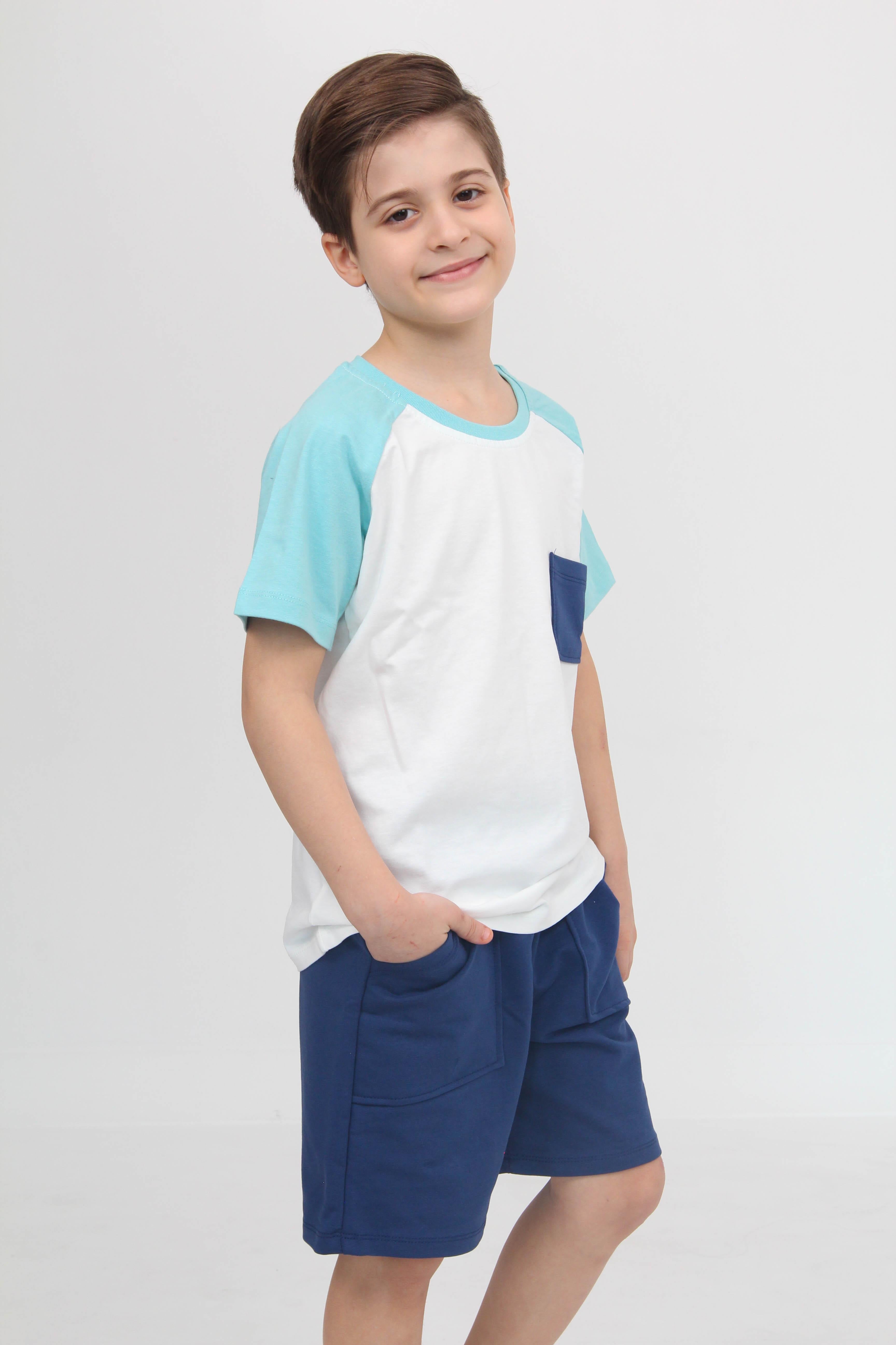 Reglan Cepli Tshirt ve Şort Erkek Çocuk Takım Mavi - Perendi