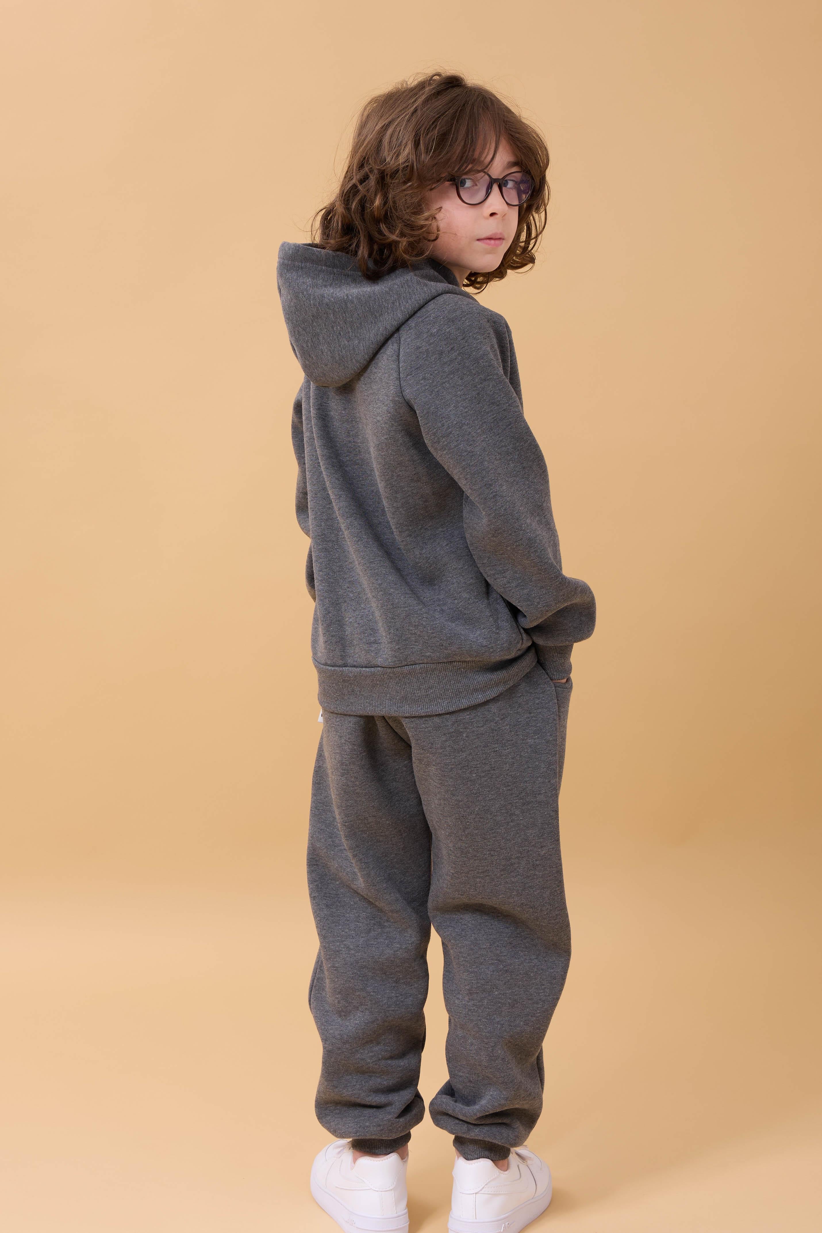 Reglan Kol Kapüşonlu İçi Polarlı Unisex Çocuk Takım Antrasit