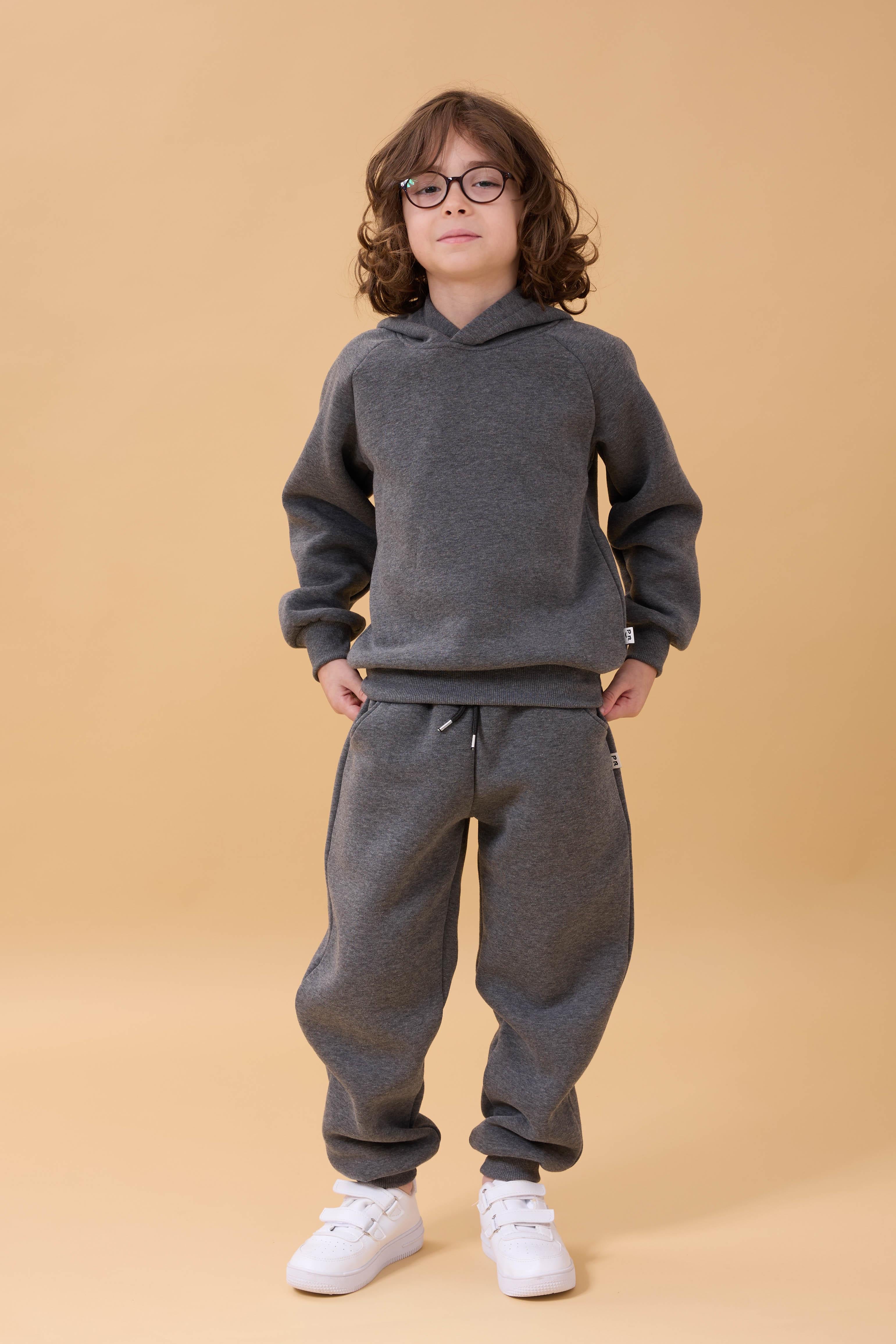 Reglan Kol Kapüşonlu İçi Polarlı Unisex Çocuk Takım Antrasit