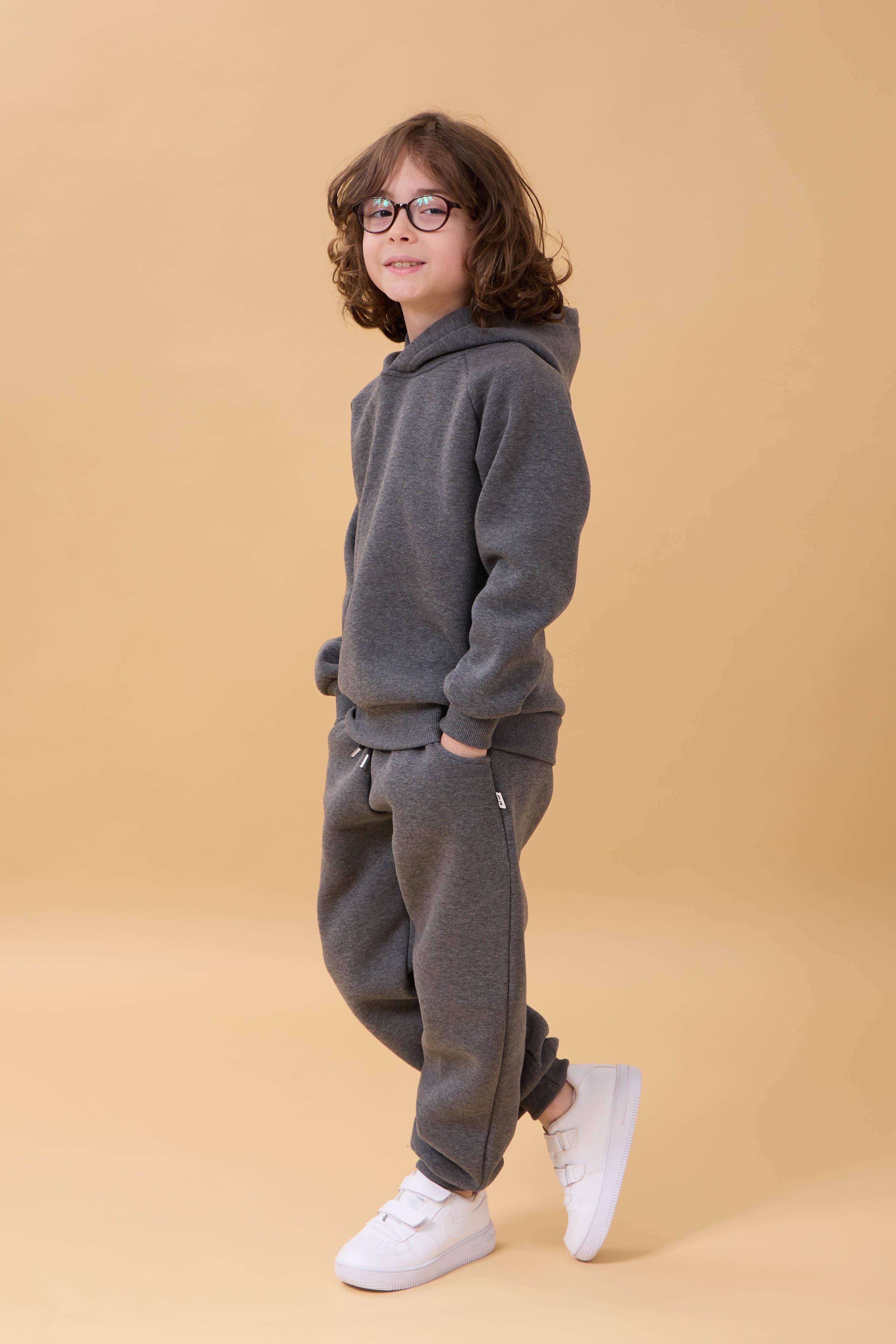 Reglan Kol Kapüşonlu İçi Polarlı Unisex Çocuk Takım Antrasit