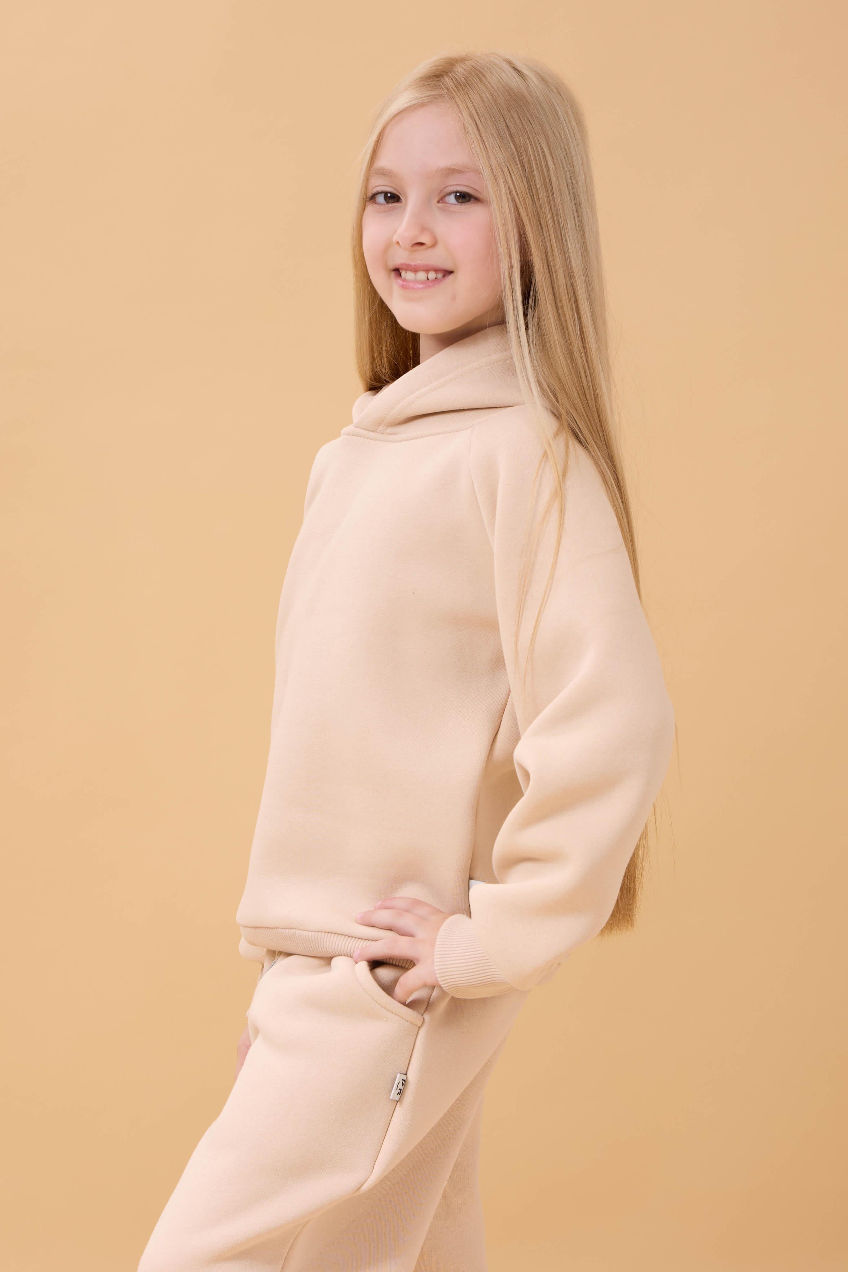 Reglan Kol Kapüşonlu İçi Polarlı Unisex Çocuk Takım Bej