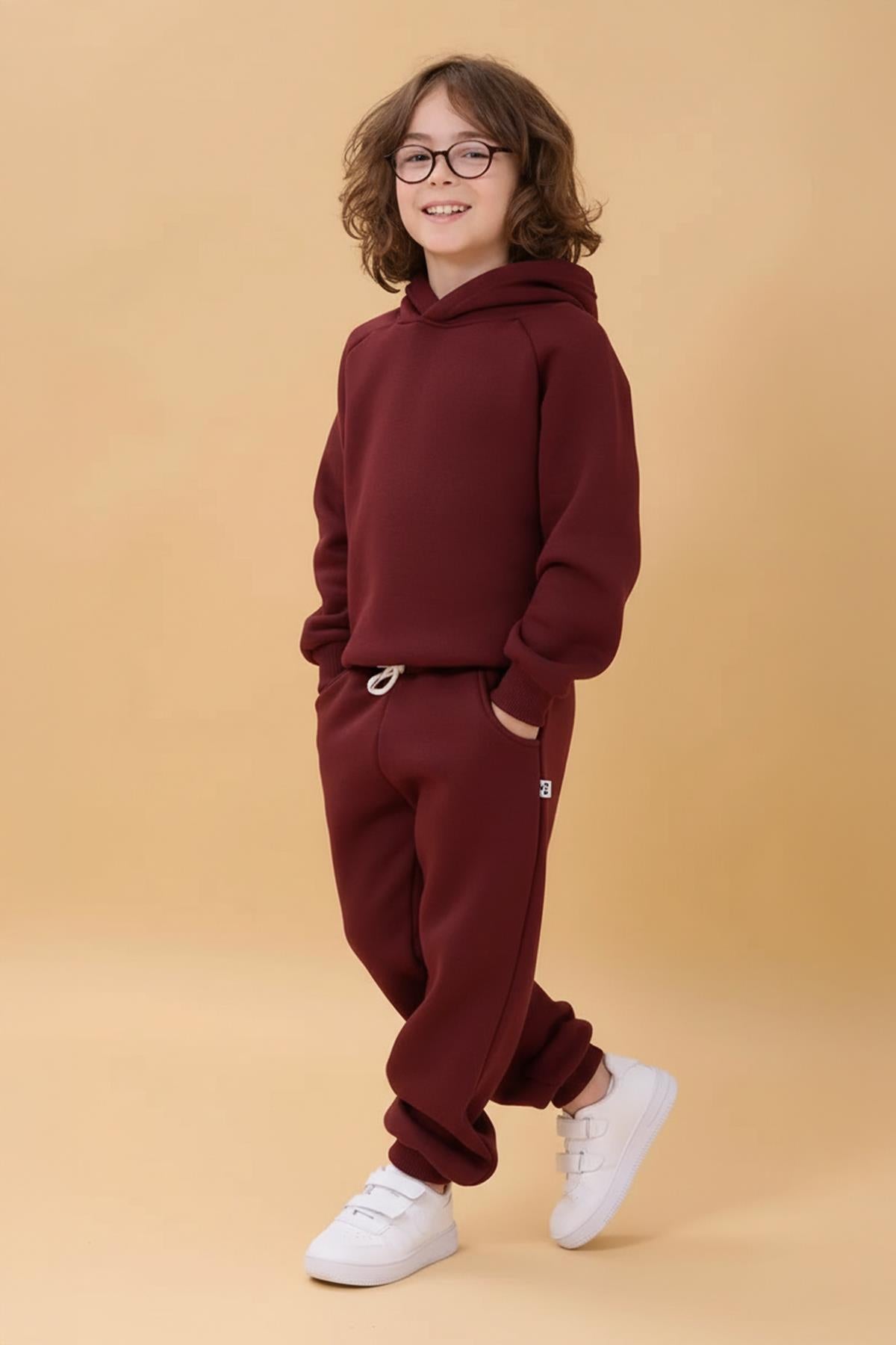 Reglan Kol Kapüşonlu İçi Polarlı Unisex Çocuk Takım Bordo
