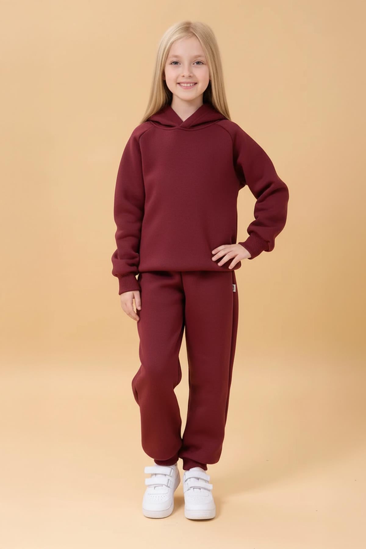 Reglan Kol Kapüşonlu İçi Polarlı Unisex Çocuk Takım Bordo