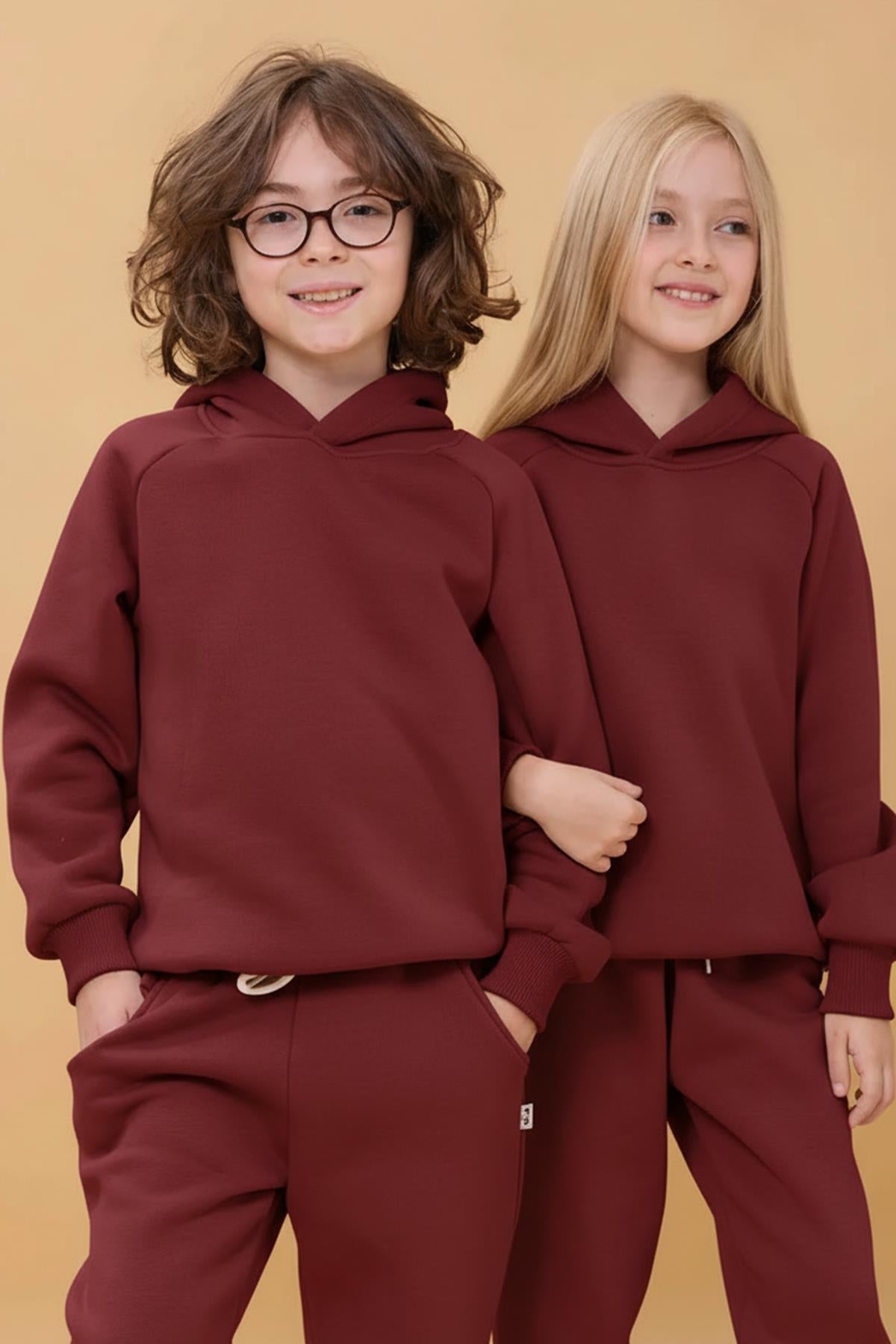 Reglan Kol Kapüşonlu İçi Polarlı Unisex Çocuk Takım Bordo