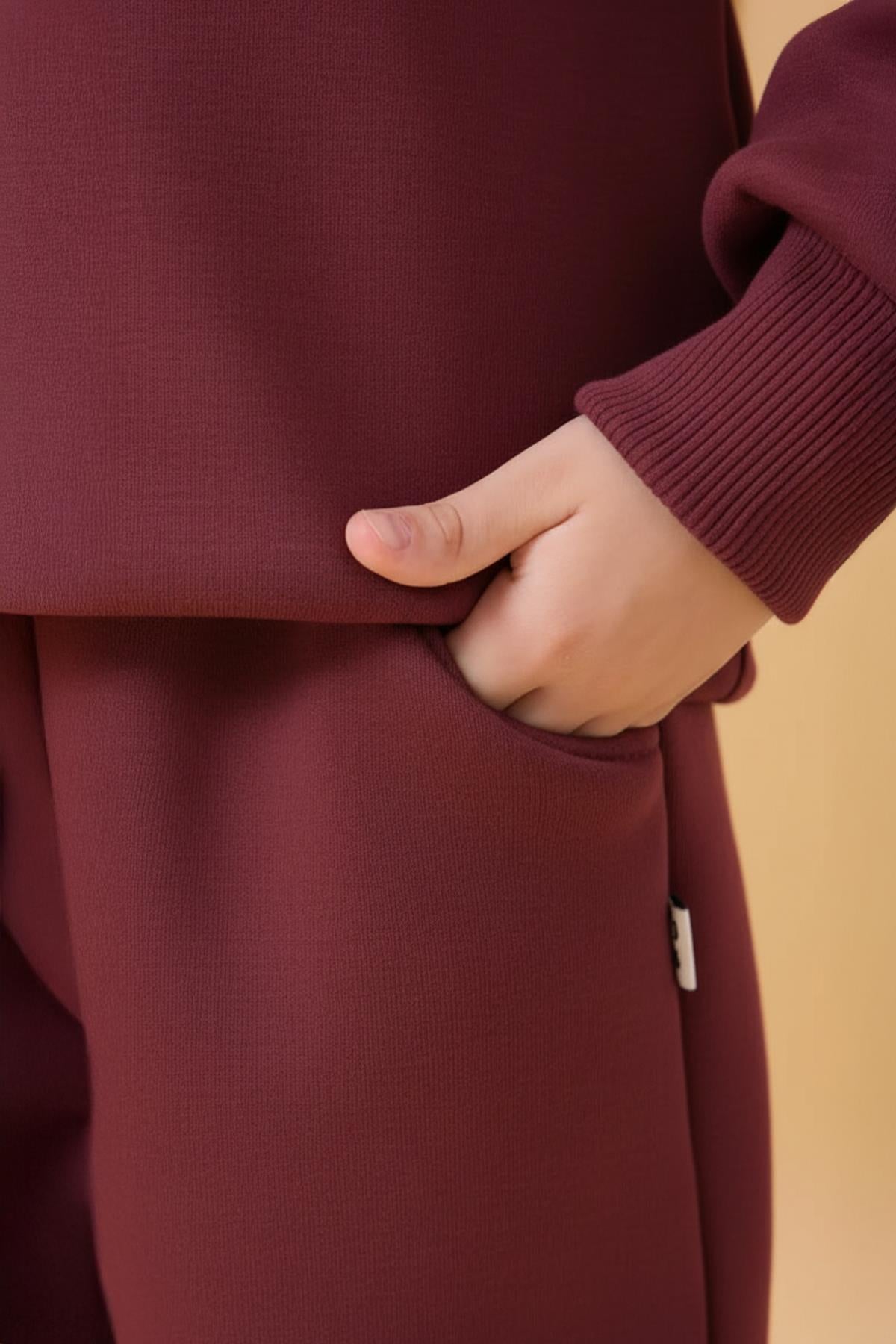 Reglan Kol Kapüşonlu İçi Polarlı Unisex Çocuk Takım Bordo