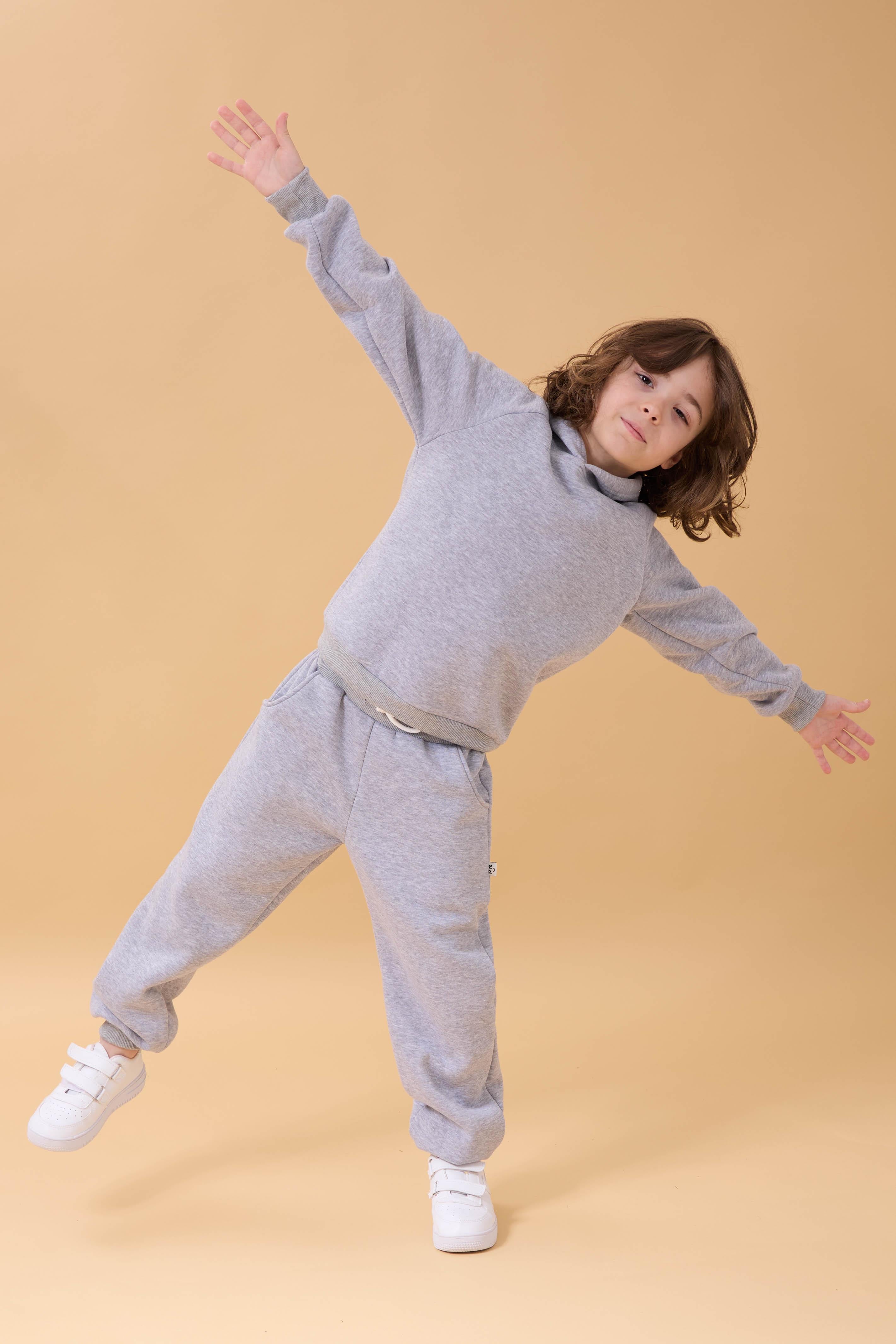 Reglan Kol Kapüşonlu İçi Polarlı Unisex Çocuk Takım Gri