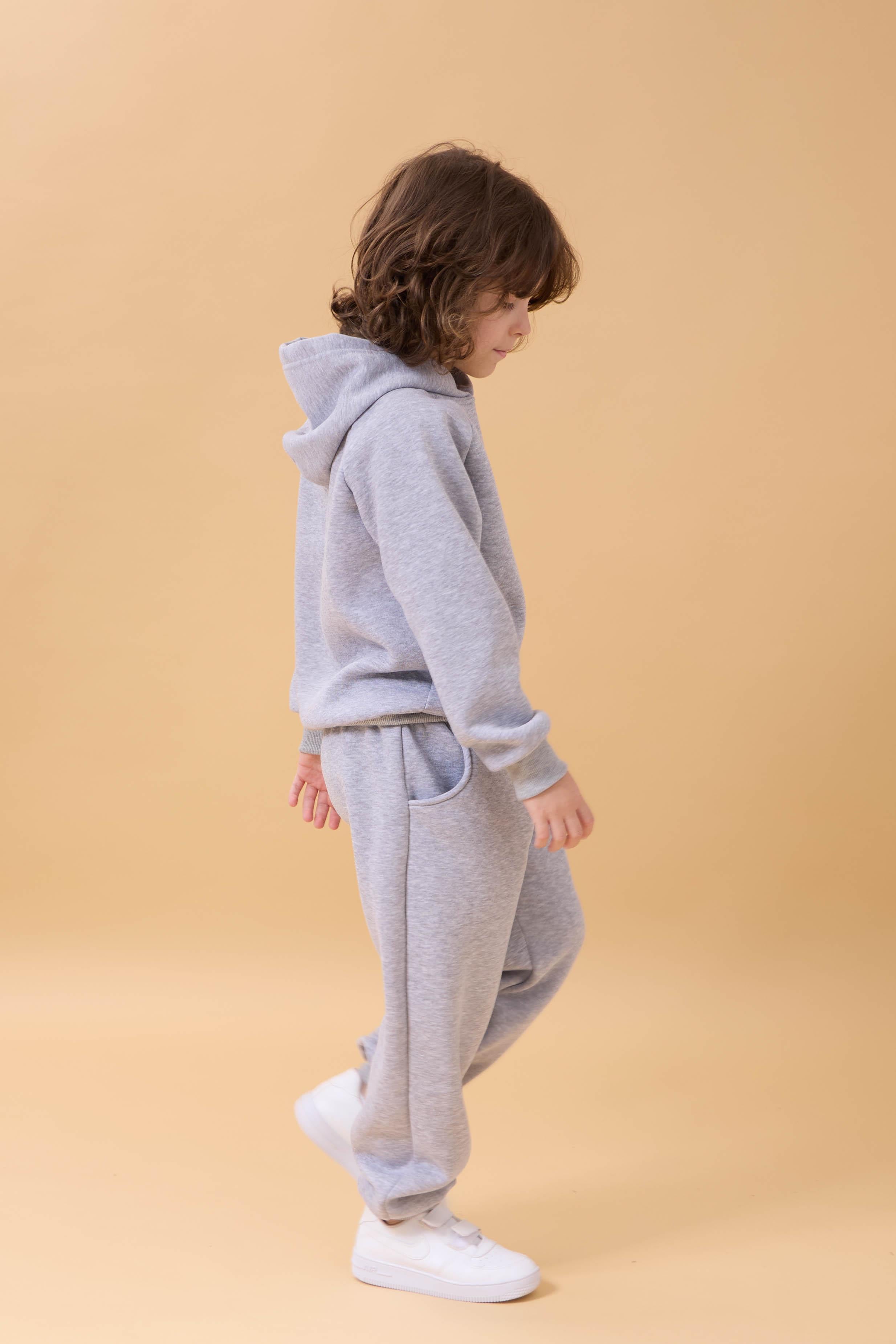 Reglan Kol Kapüşonlu İçi Polarlı Unisex Çocuk Takım Gri