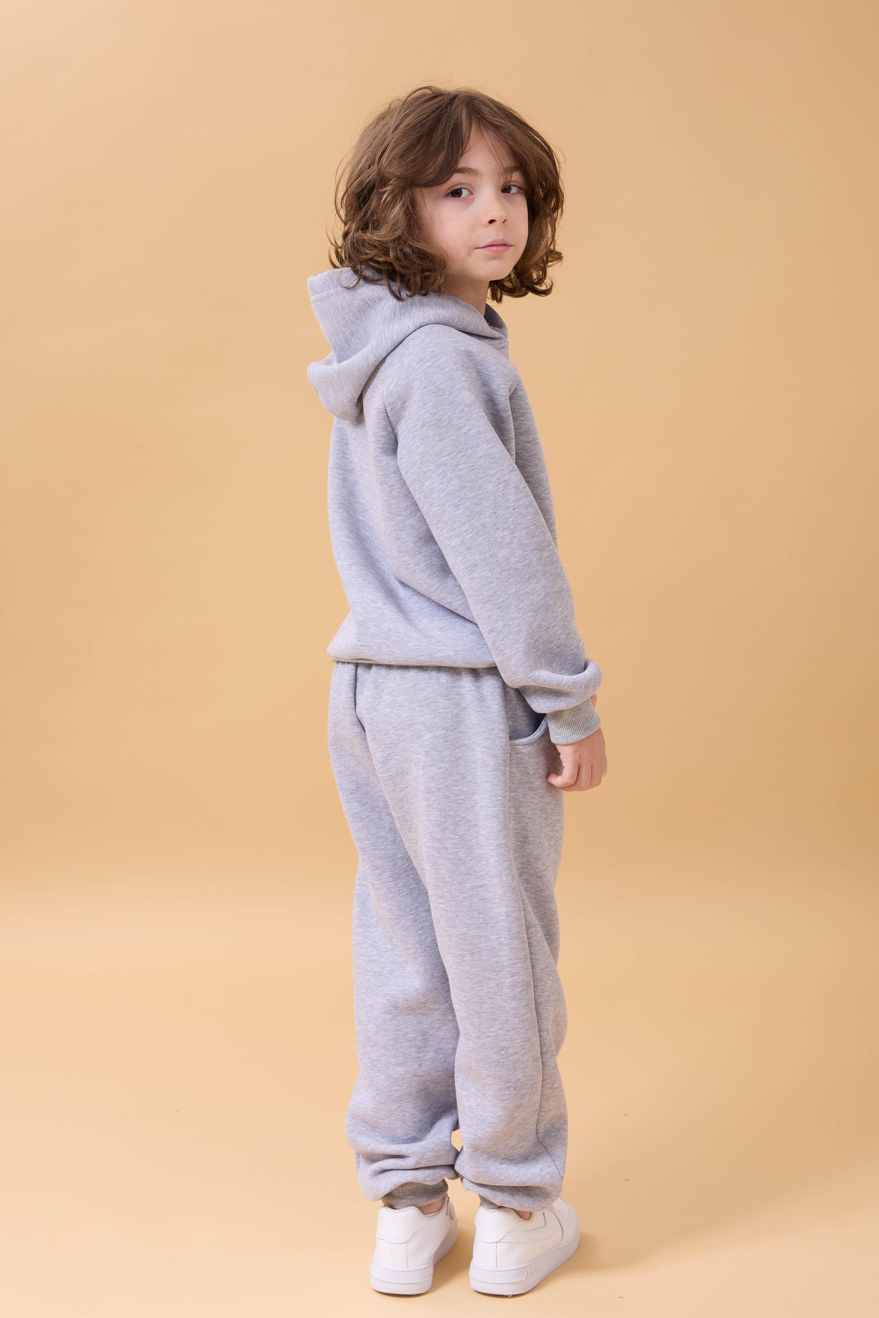 Reglan Kol Kapüşonlu İçi Polarlı Unisex Çocuk Takım Gri