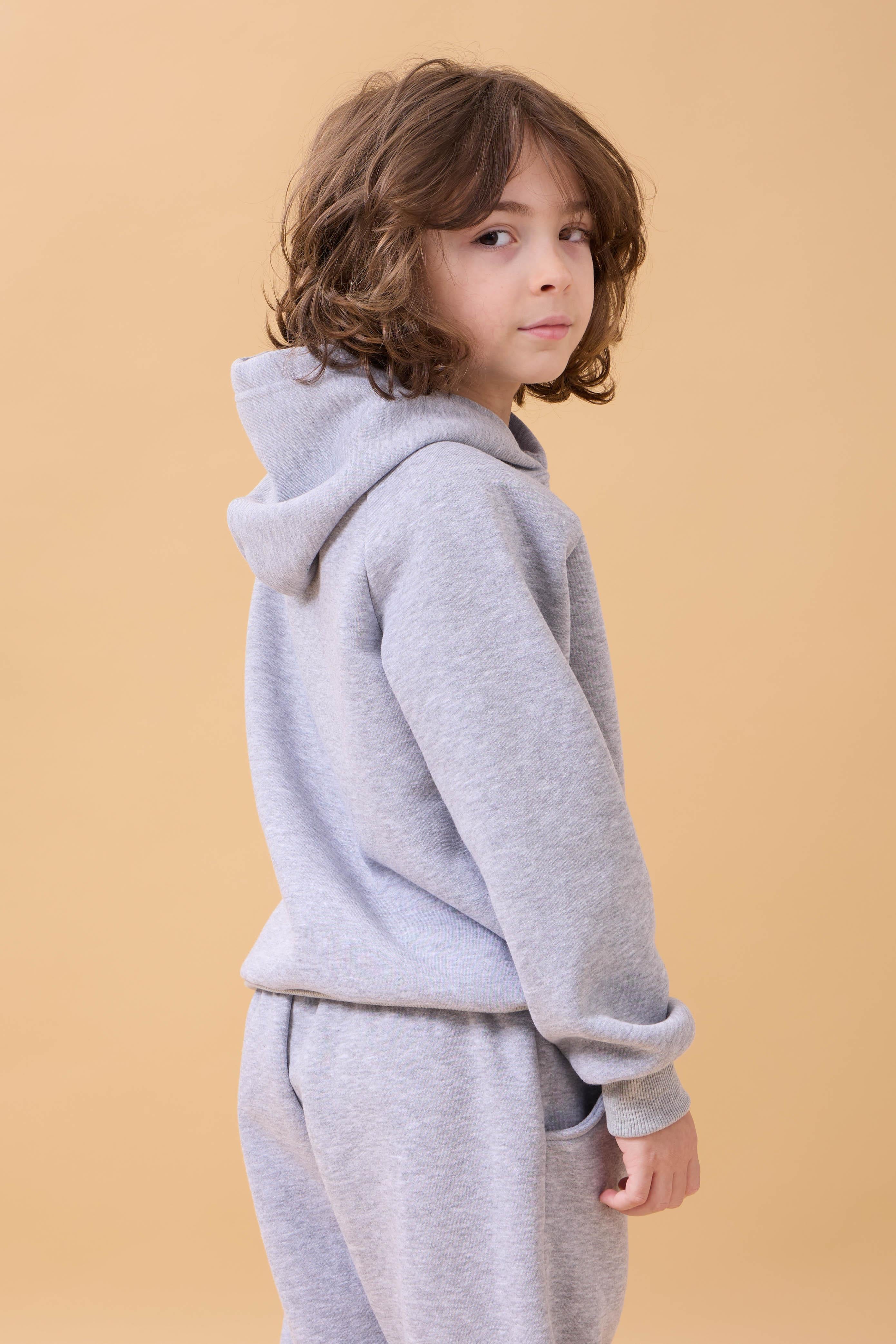 Reglan Kol Kapüşonlu İçi Polarlı Unisex Çocuk Takım Gri