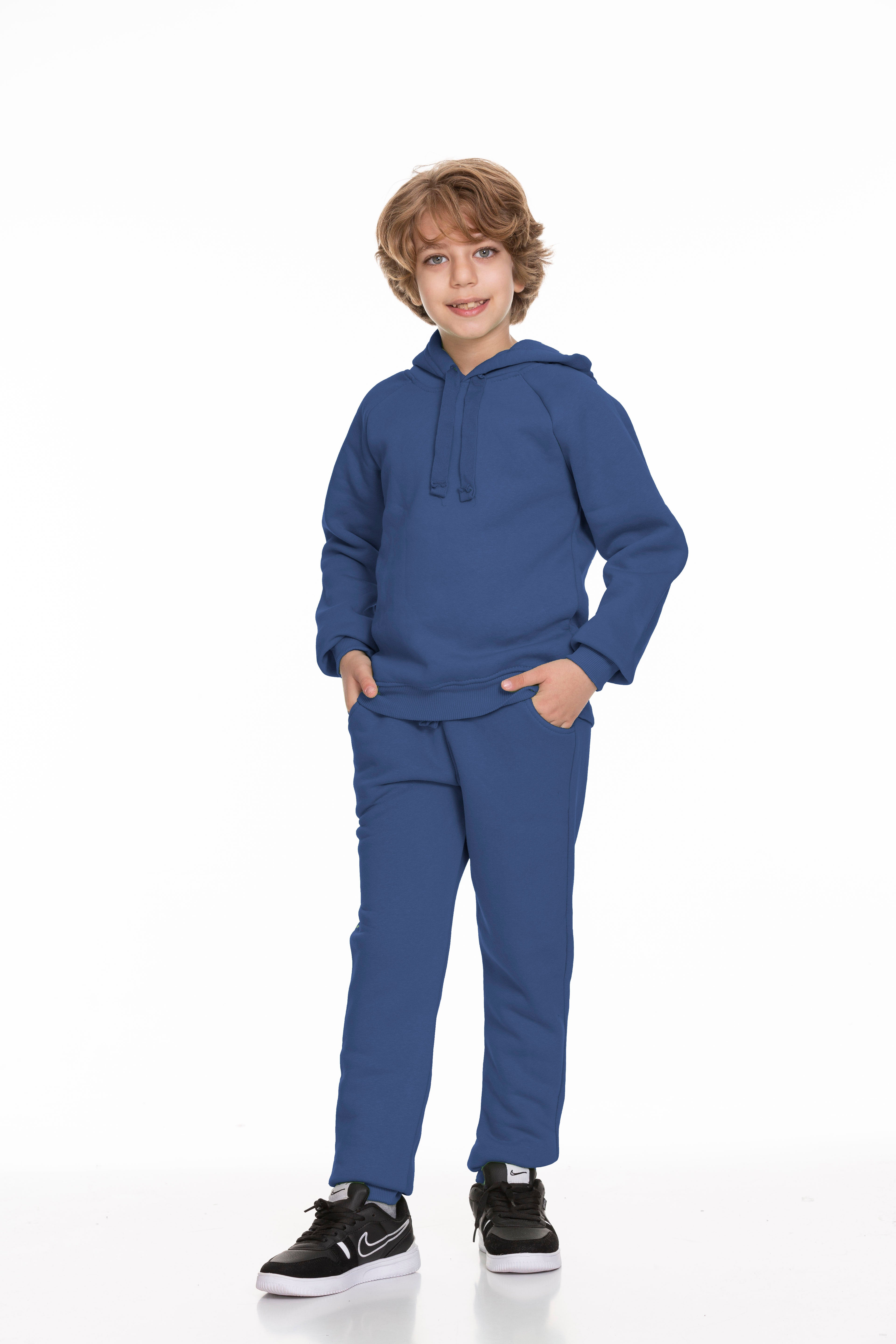 Reglan Kol Kapüşonlu İçi Polarlı Unisex Çocuk Takım İndigo - Perendi
