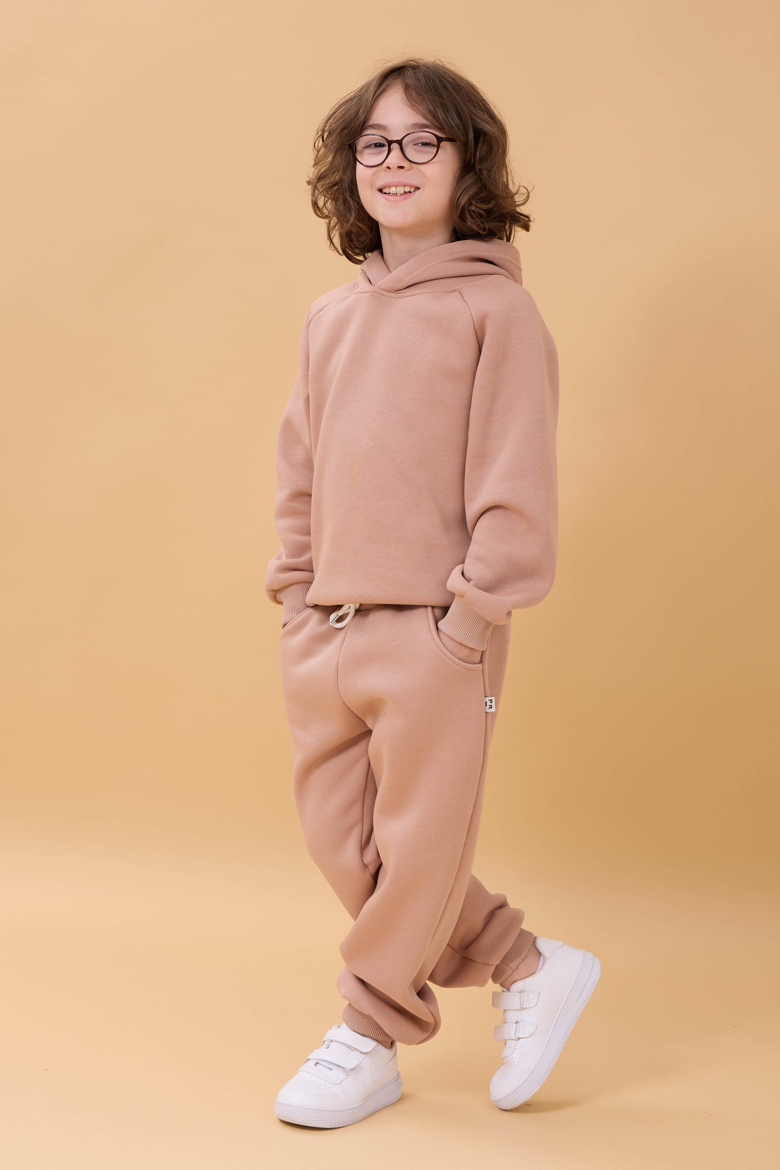 Reglan Kol Kapüşonlu İçi Polarlı Unisex Çocuk Takım Kahverengi