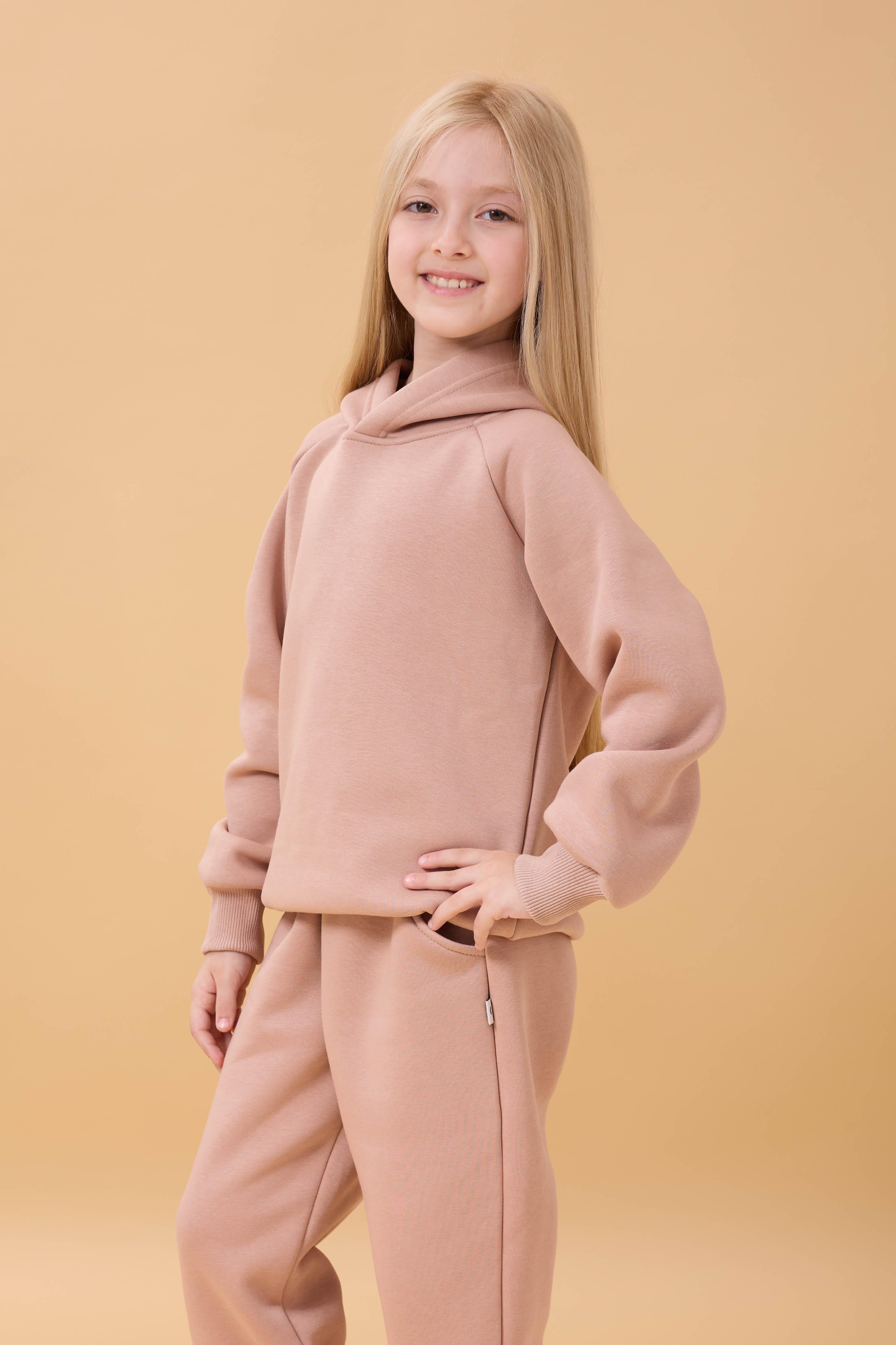 Reglan Kol Kapüşonlu İçi Polarlı Unisex Çocuk Takım Kahverengi