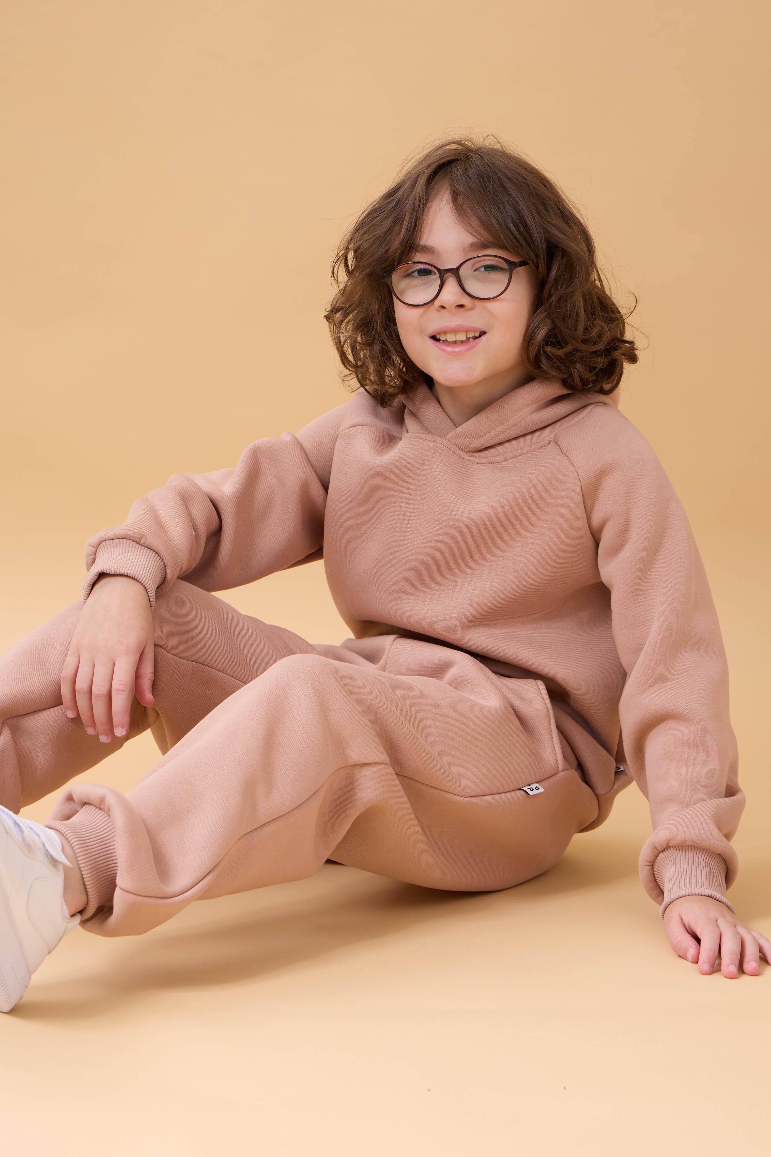 Reglan Kol Kapüşonlu İçi Polarlı Unisex Çocuk Takım Kahverengi