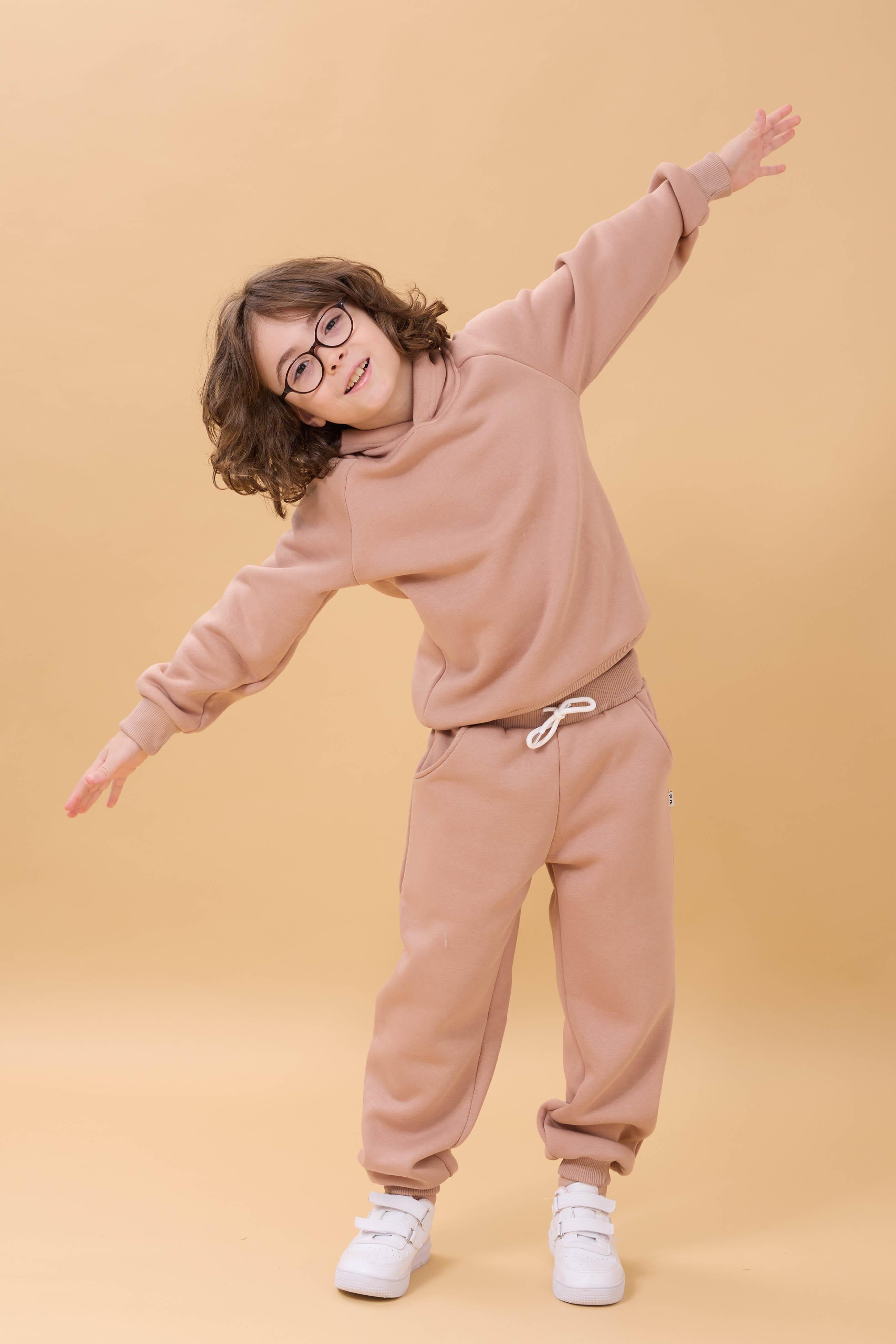 Reglan Kol Kapüşonlu İçi Polarlı Unisex Çocuk Takım Kahverengi