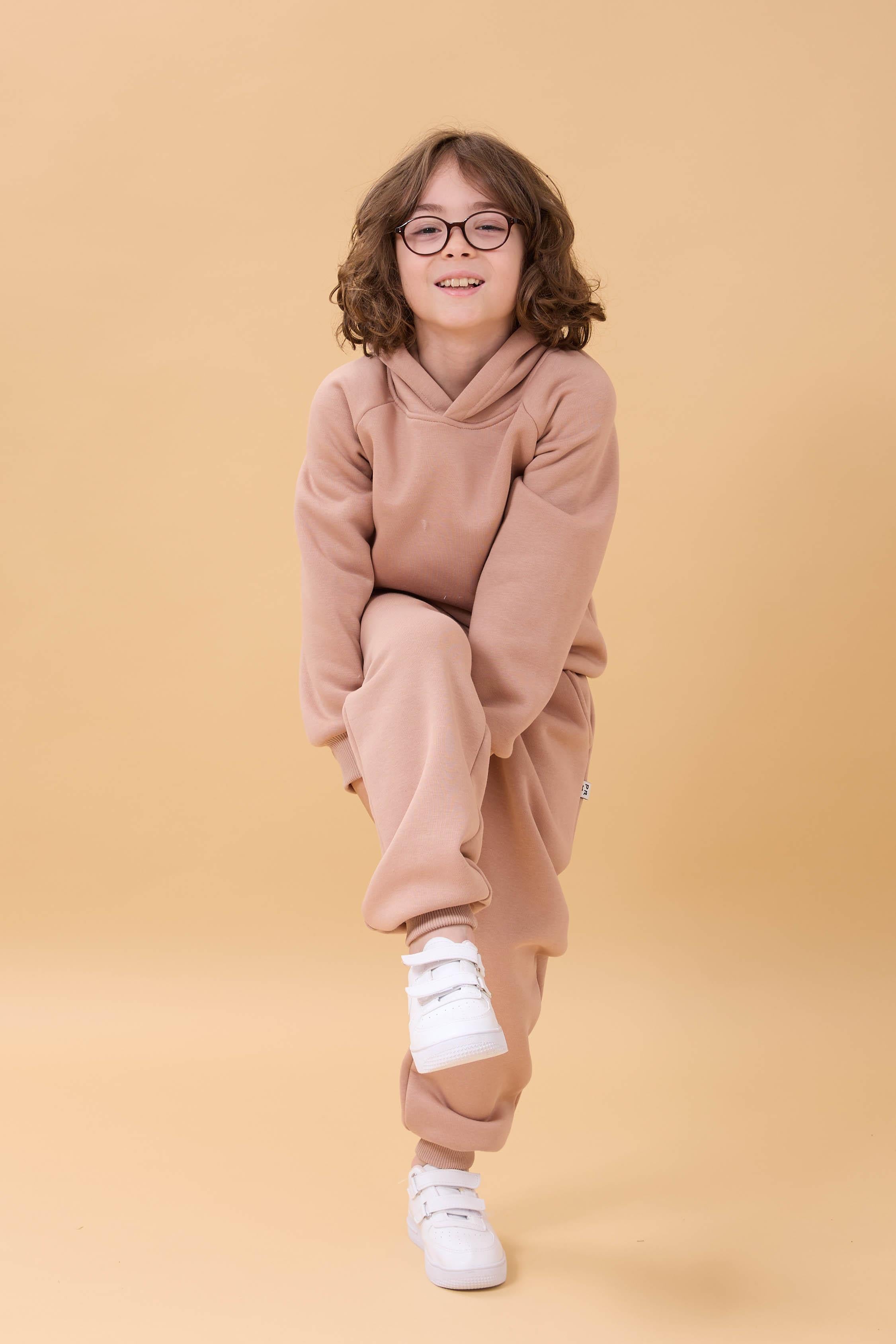 Reglan Kol Kapüşonlu İçi Polarlı Unisex Çocuk Takım Kahverengi