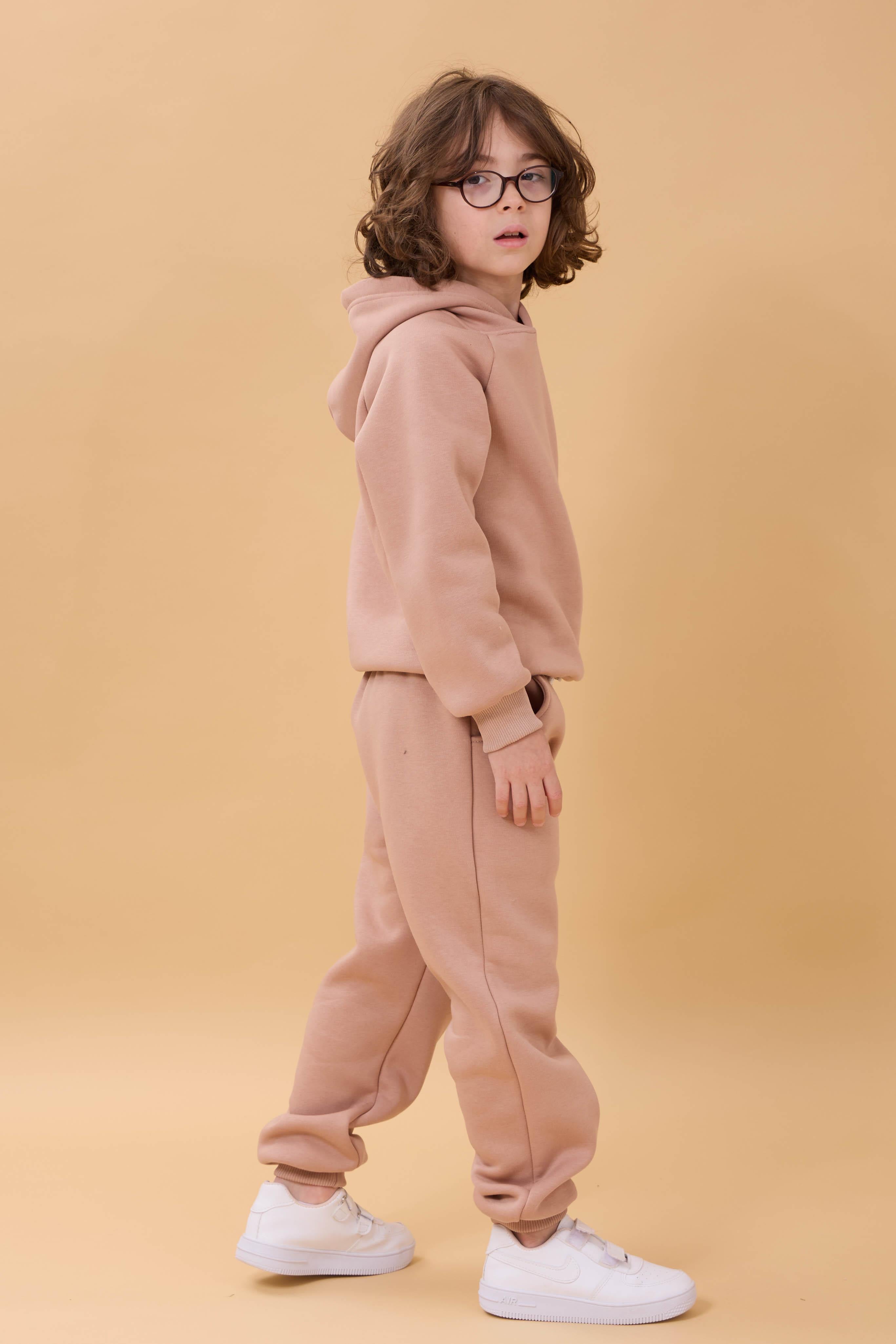 Reglan Kol Kapüşonlu İçi Polarlı Unisex Çocuk Takım Kahverengi