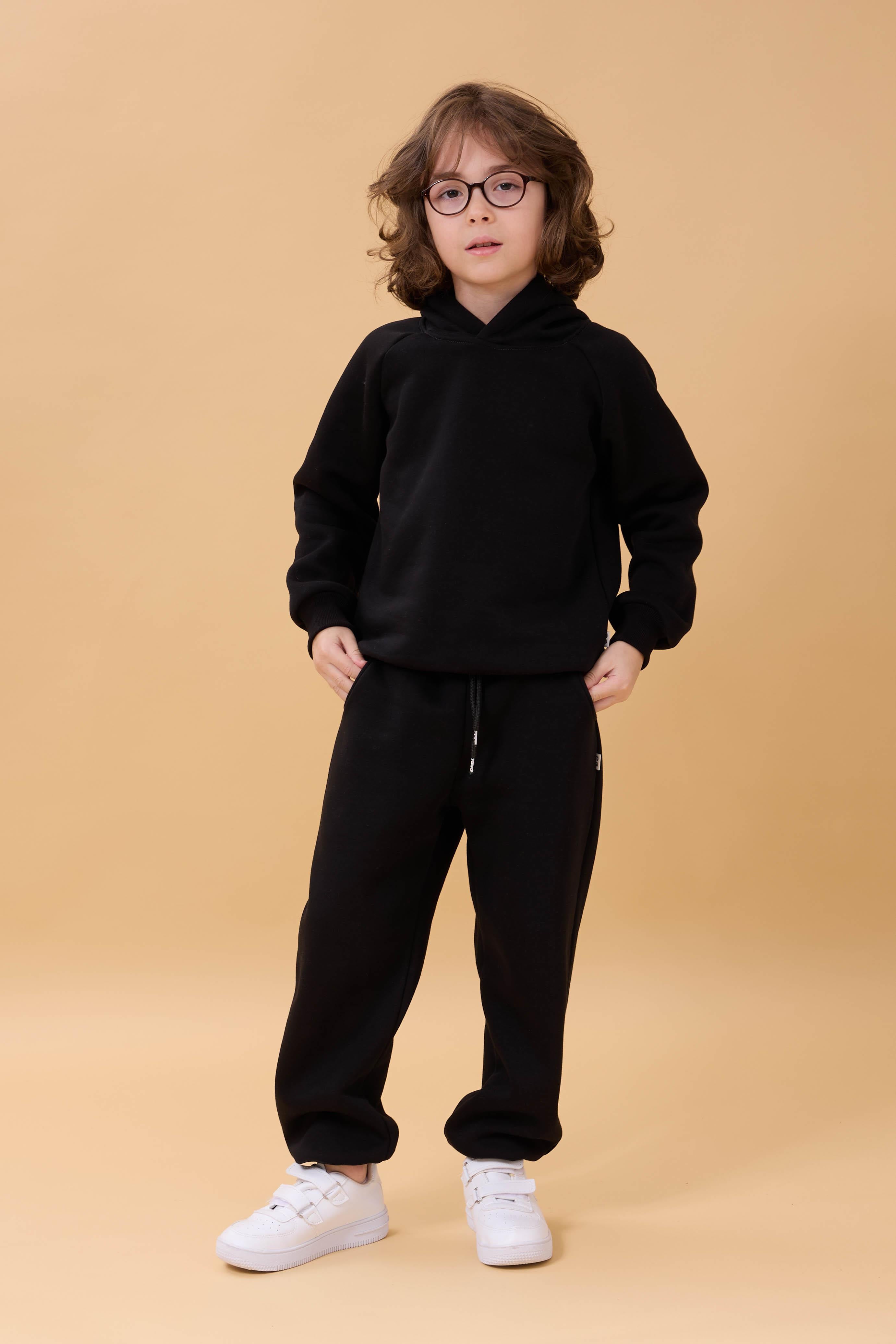 Reglan Kol Kapüşonlu İçi Polarlı Unisex Çocuk Takım Siyah