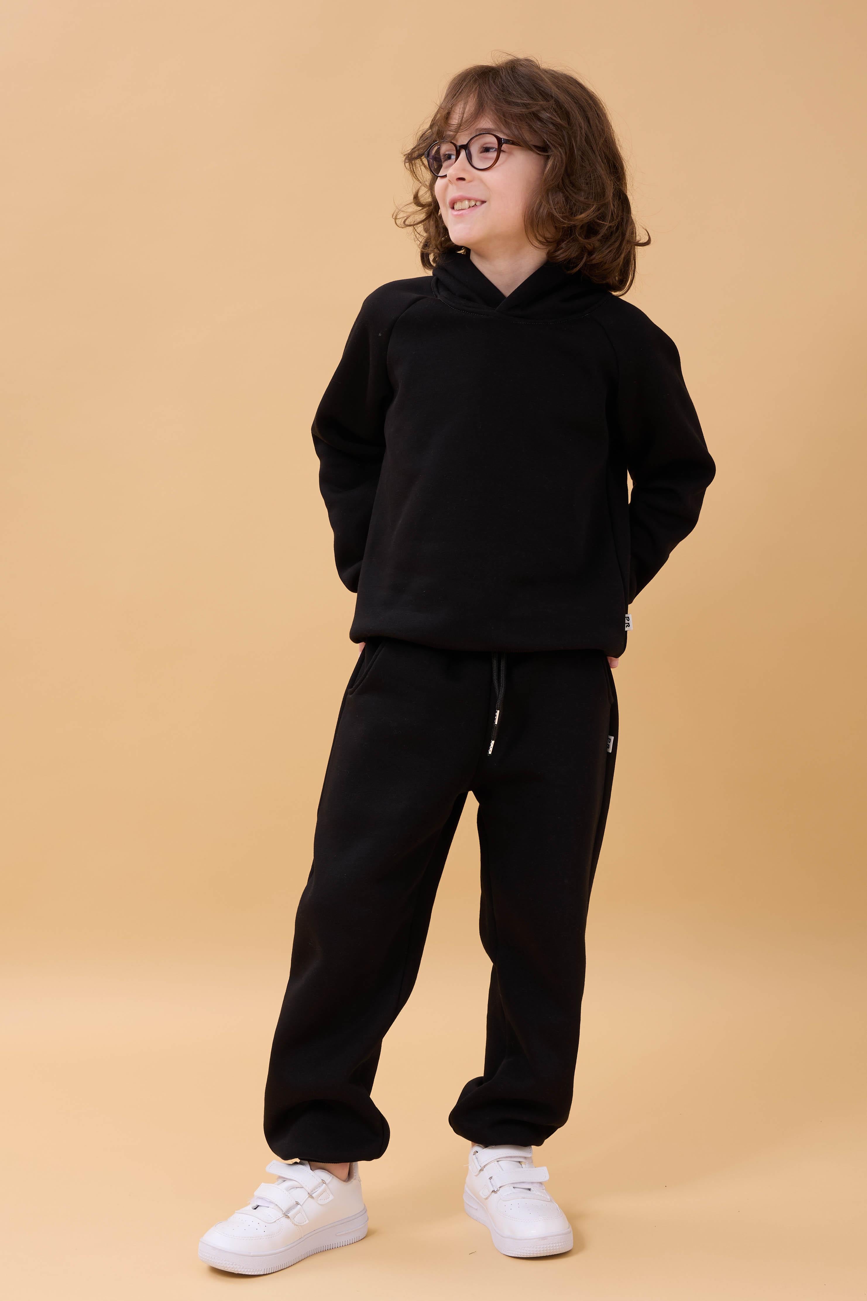 Reglan Kol Kapüşonlu İçi Polarlı Unisex Çocuk Takım Siyah