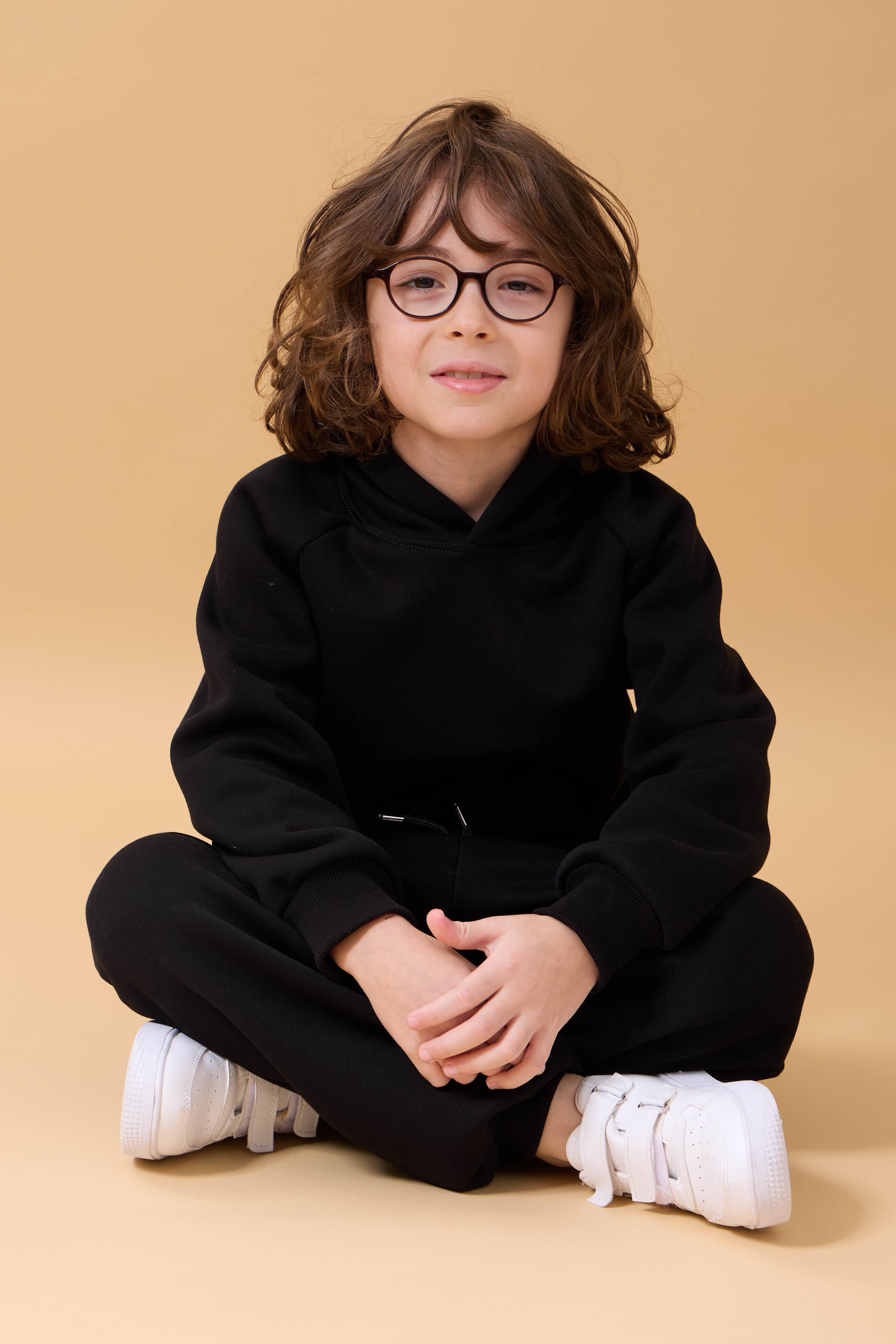 Reglan Kol Kapüşonlu İçi Polarlı Unisex Çocuk Takım Siyah