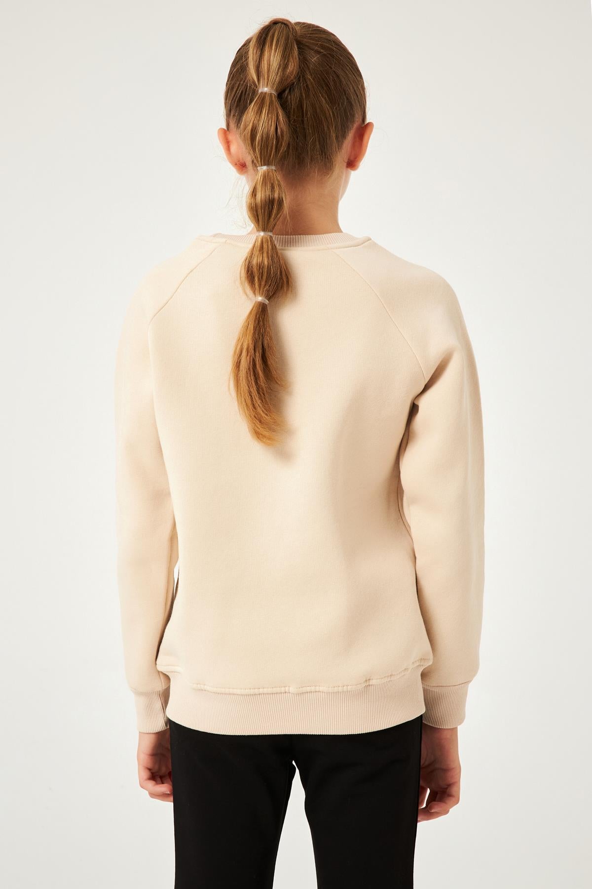 Regular Fit Bisiklet Yaka Süzene Nakışlı Unisex Çocuk Sweatshirt Bej - Perendi