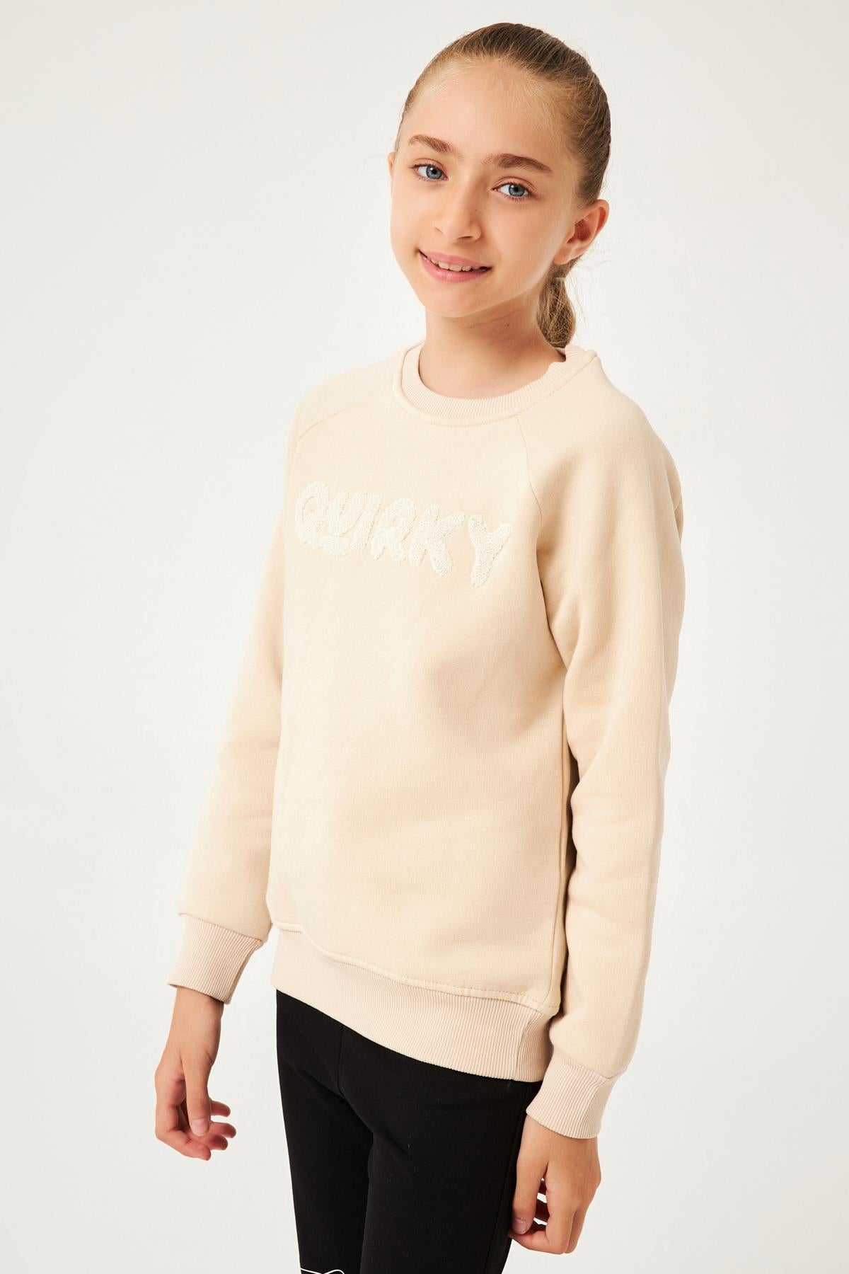 Regular Fit Bisiklet Yaka Süzene Nakışlı Unisex Çocuk Sweatshirt Bej - Perendi