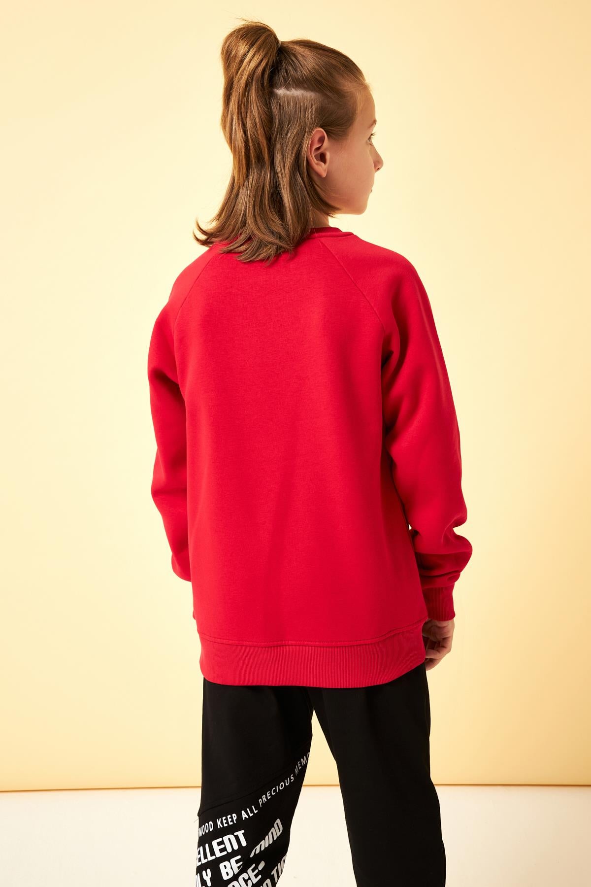 Regular Fit Bisiklet Yaka Süzene Nakışlı Unisex Çocuk Sweatshirt Kırmızı - Perendi