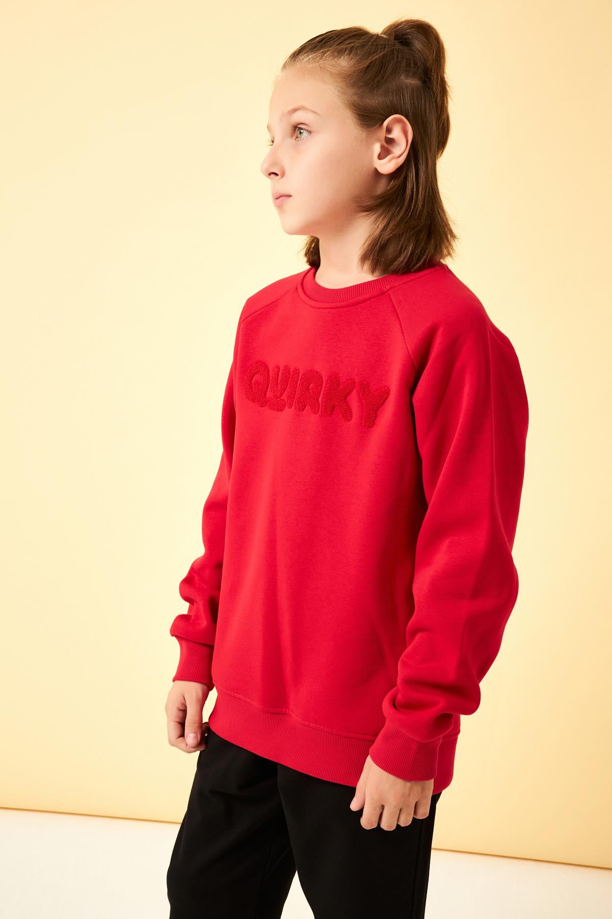 Regular Fit Bisiklet Yaka Süzene Nakışlı Unisex Çocuk Sweatshirt Kırmızı - Perendi