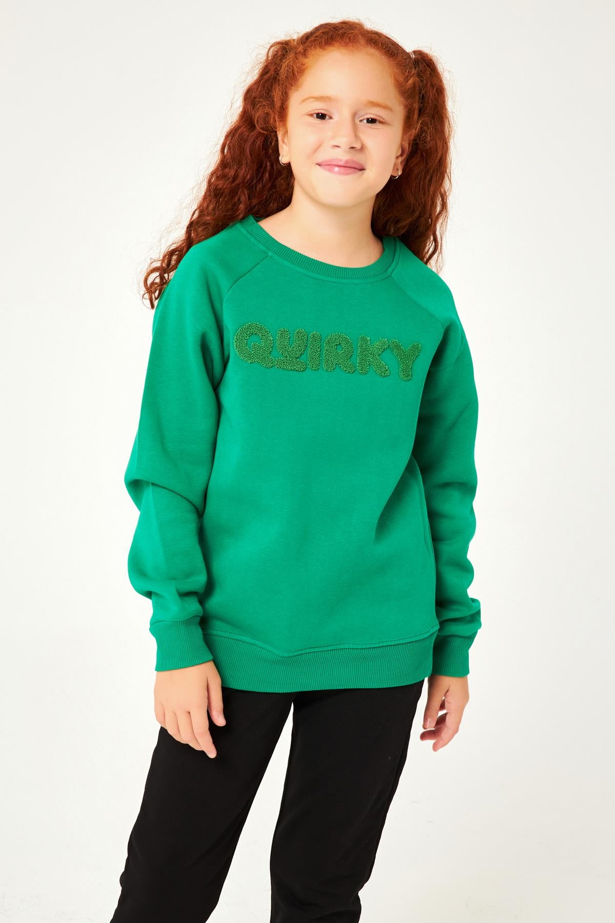 Regular Fit Bisiklet Yaka Süzene Nakışlı Unisex Çocuk Sweatshirt Yeşil - Perendi