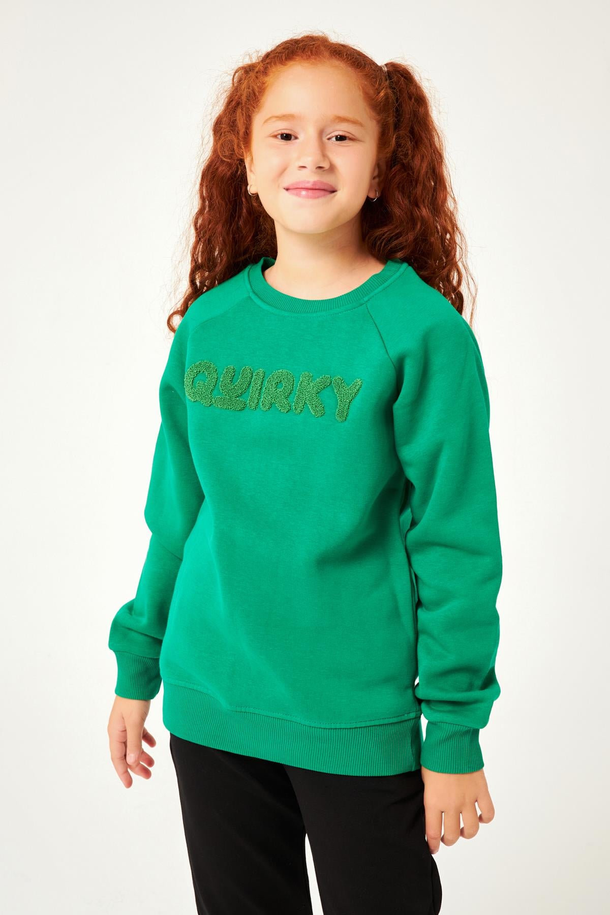 Regular Fit Bisiklet Yaka Süzene Nakışlı Unisex Çocuk Sweatshirt Yeşil - Perendi