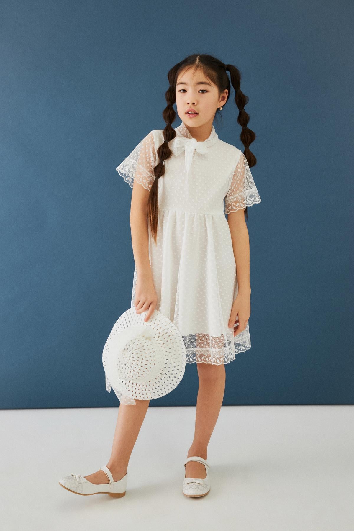 Şapka ve Hostes Yaka Detaylı Kız Çocuk Elbise Beyaz - Perendi