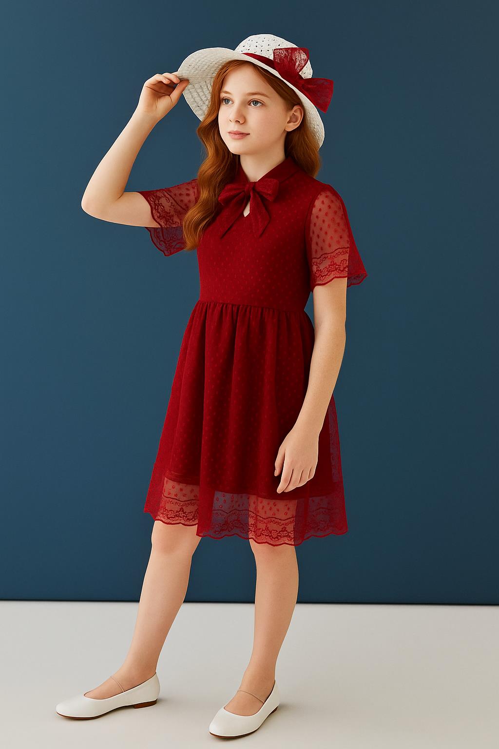 Şapka ve Hostes Yaka Detaylı Kız Çocuk Elbise Kırmızı