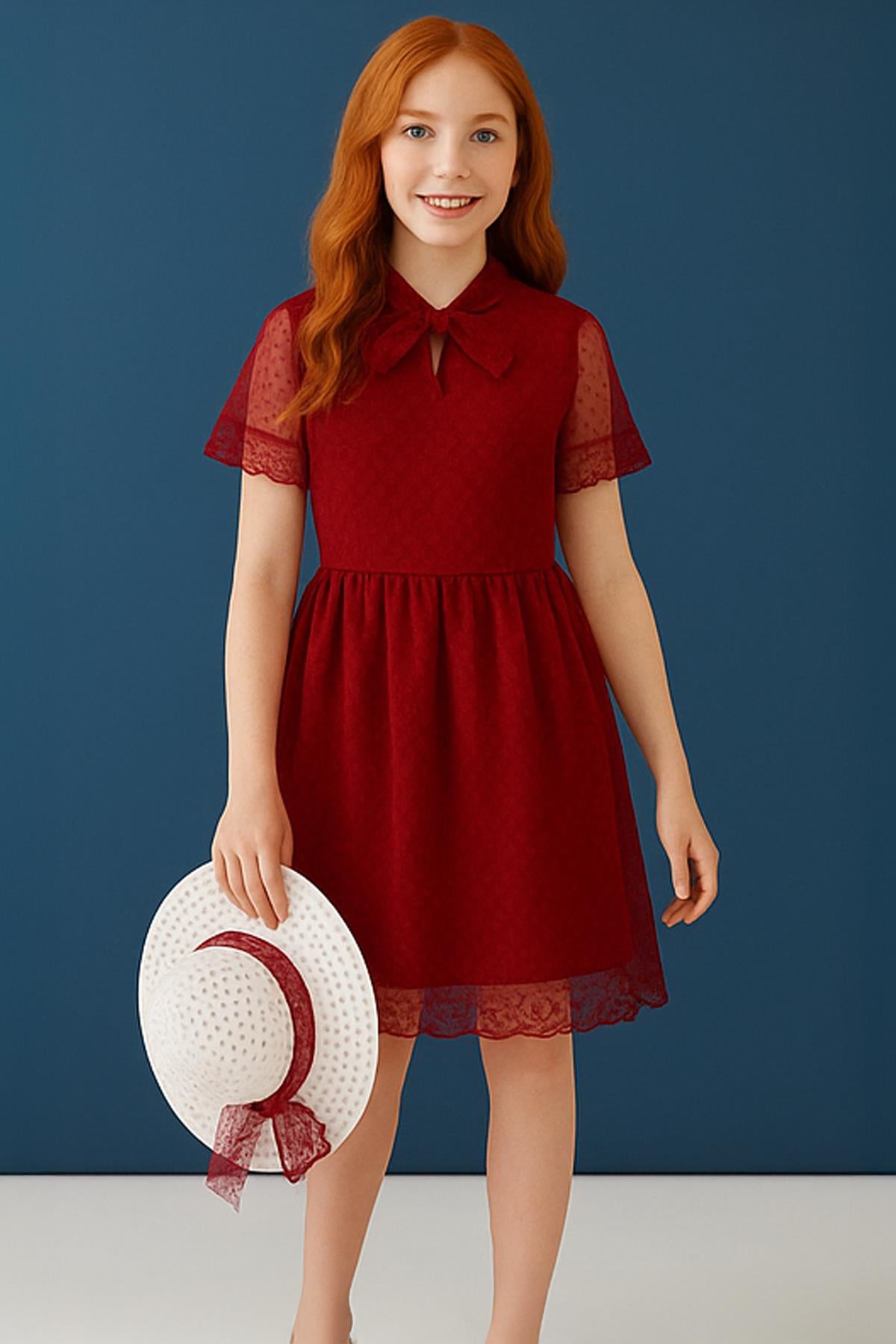 Şapka ve Hostes Yaka Detaylı Kız Çocuk Elbise Kırmızı