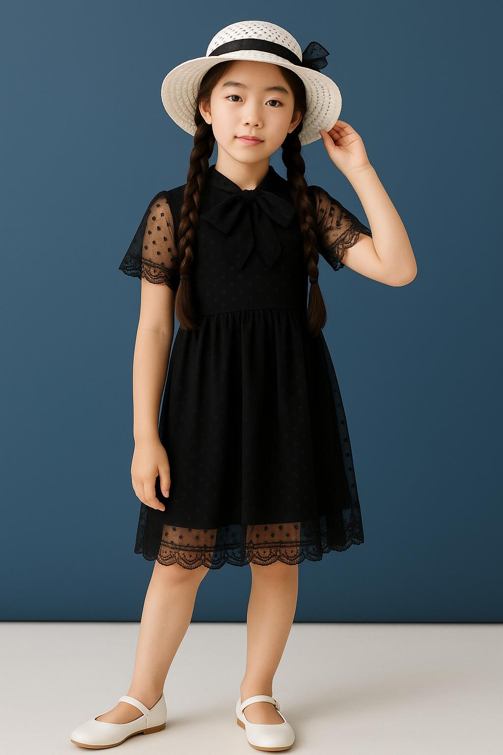 Şapka ve Hostes Yaka Detaylı Kız Çocuk Elbise Siyah