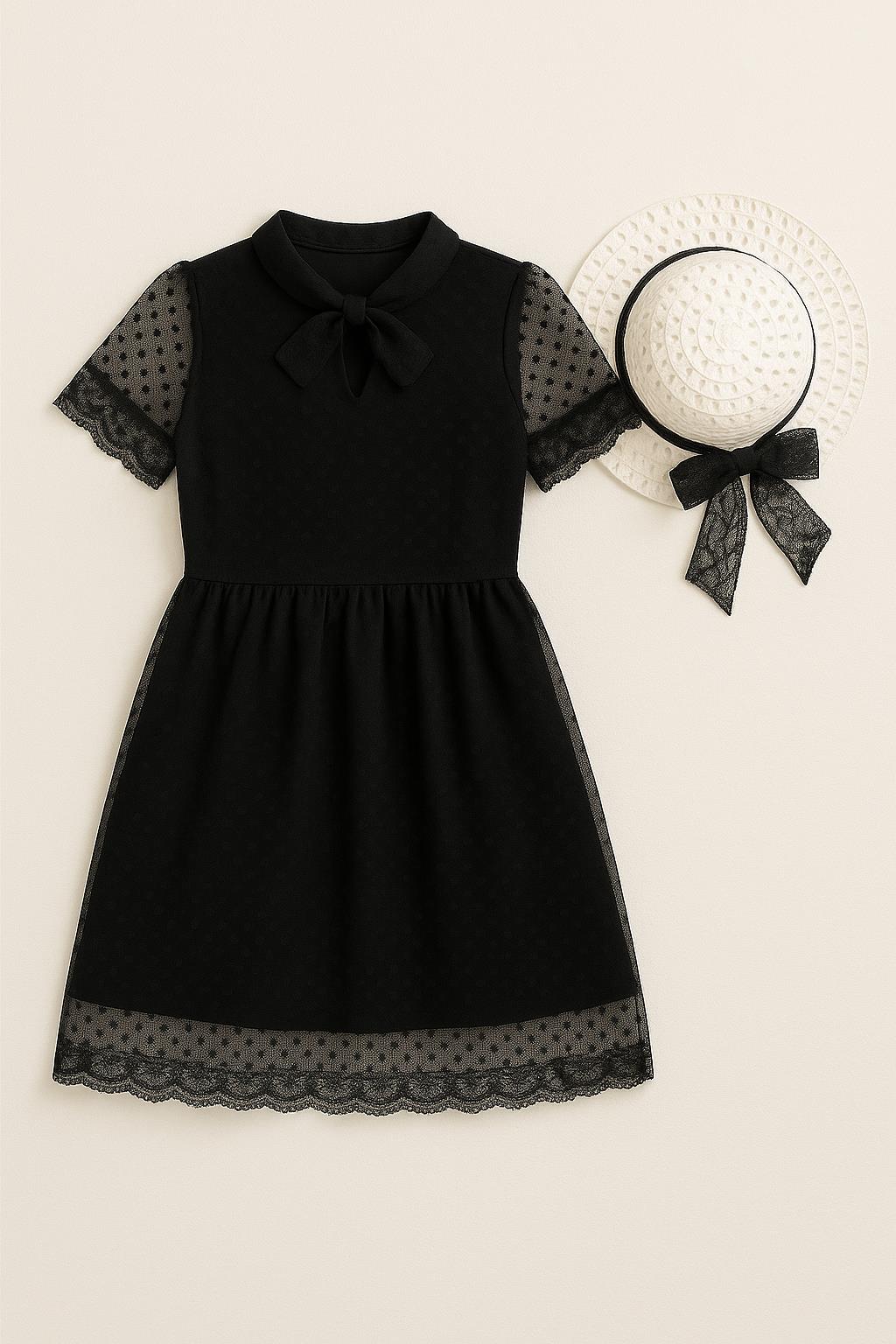 Şapka ve Hostes Yaka Detaylı Kız Çocuk Elbise Siyah