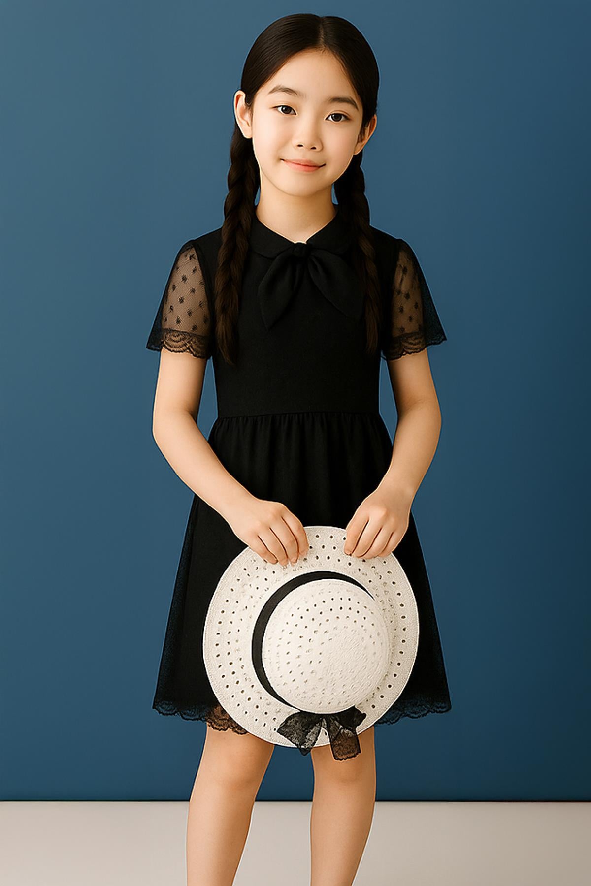 Şapka ve Hostes Yaka Detaylı Kız Çocuk Elbise Siyah