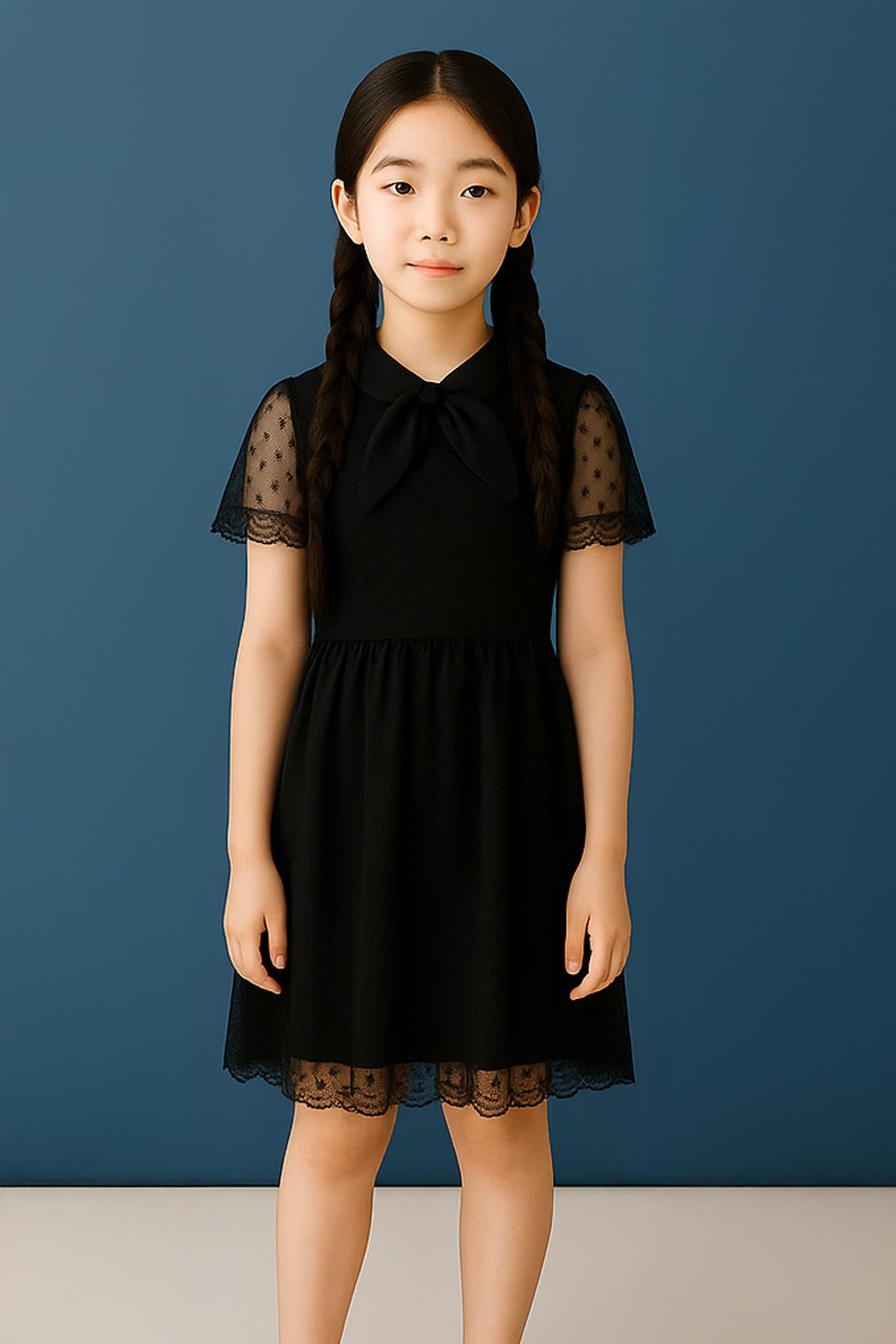 Şapka ve Hostes Yaka Detaylı Kız Çocuk Elbise Siyah