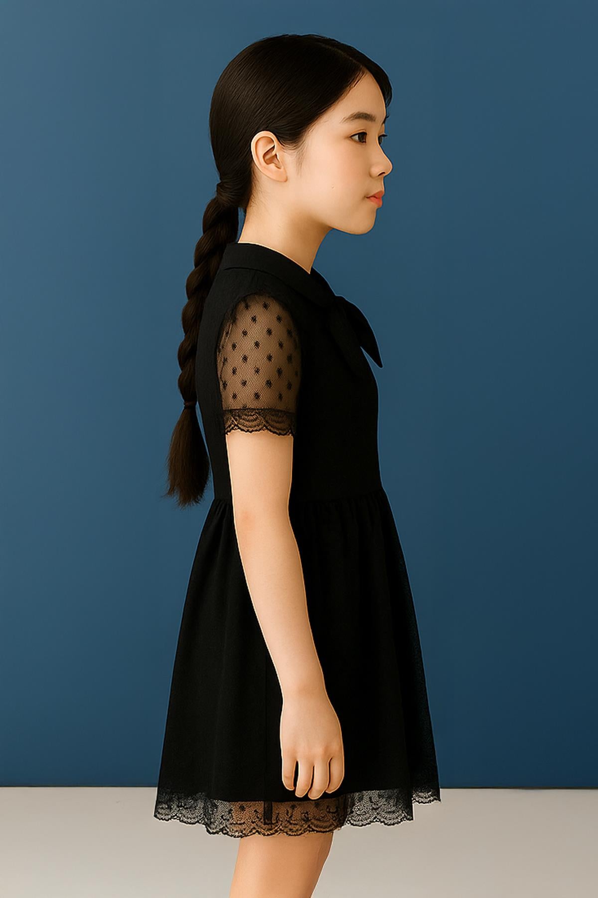 Şapka ve Hostes Yaka Detaylı Kız Çocuk Elbise Siyah